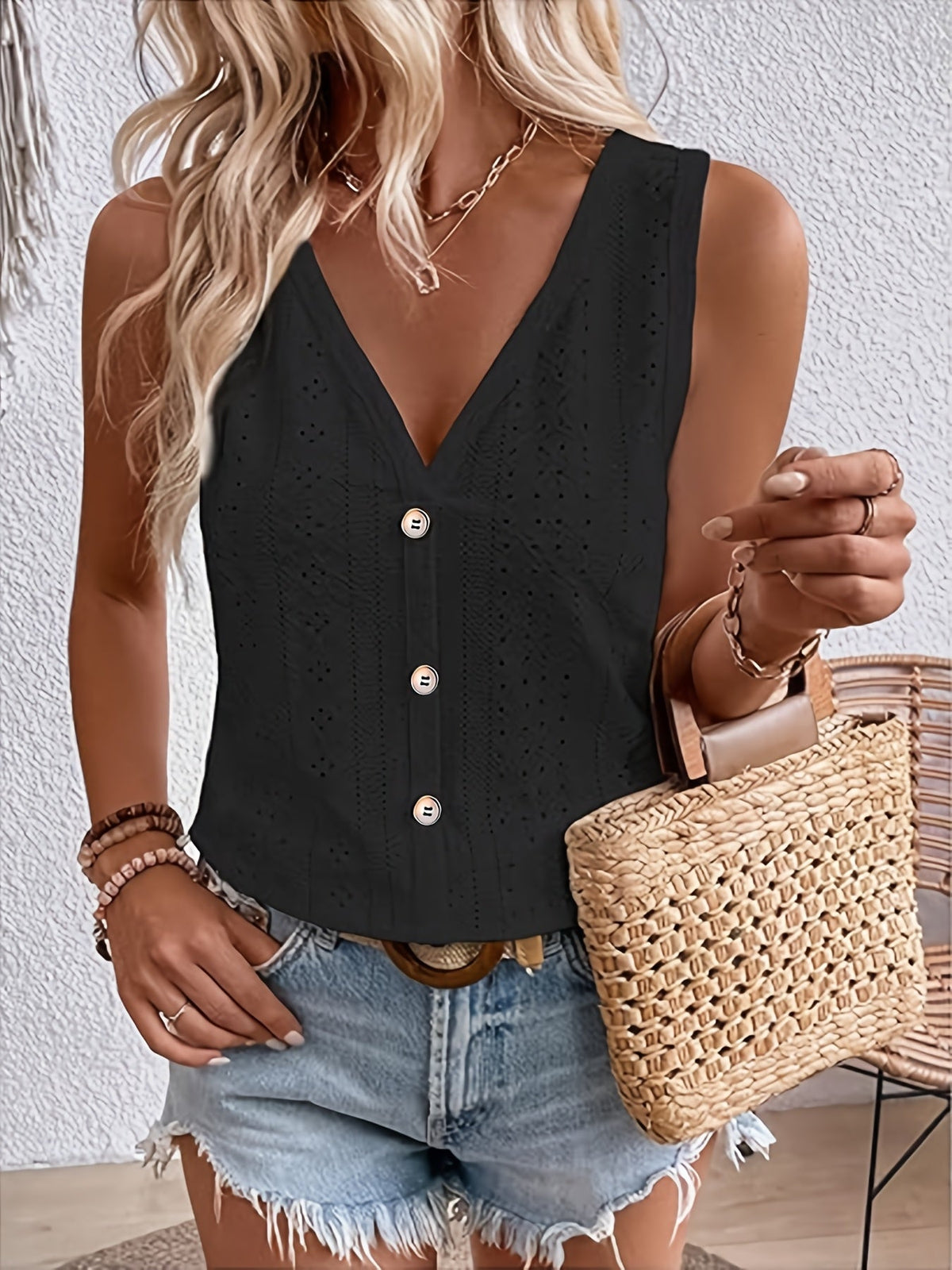 Women's Sleeveless V-Neck Button Detail Tank Top Solid Color Casual Daily Loose Fit Blouse Shirt | White Black Dark Green S-XXL