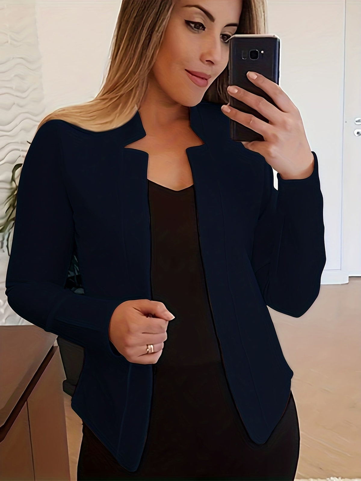 Women's Open Front Blazer Jacket – Loose Fit Notch Lapel Long Sleeve Knit Stretch Casual Chic Blazer with Chest Pocket for Work Office