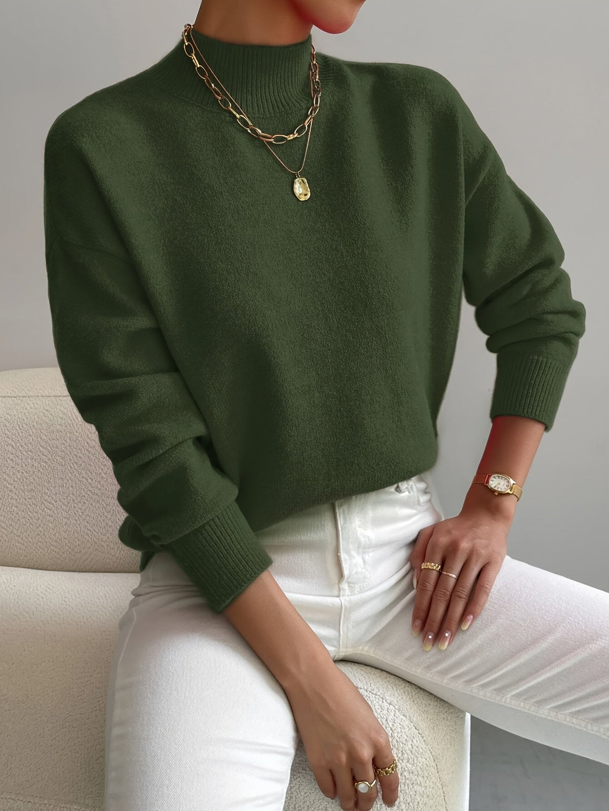Women's Solid Color Mock Neck Drop Shoulder Pullover Sweater – Long Sleeve Knit Acrylic Blend Cozy Fall Winter Top
