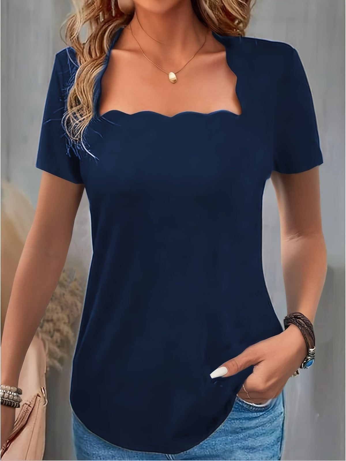 Women's Square Neck T-Shirt - Solid Color Short Sleeve Formal Basic Top | 100% Polyester Slim Fit Summer Daily Fashion Ladies Tee