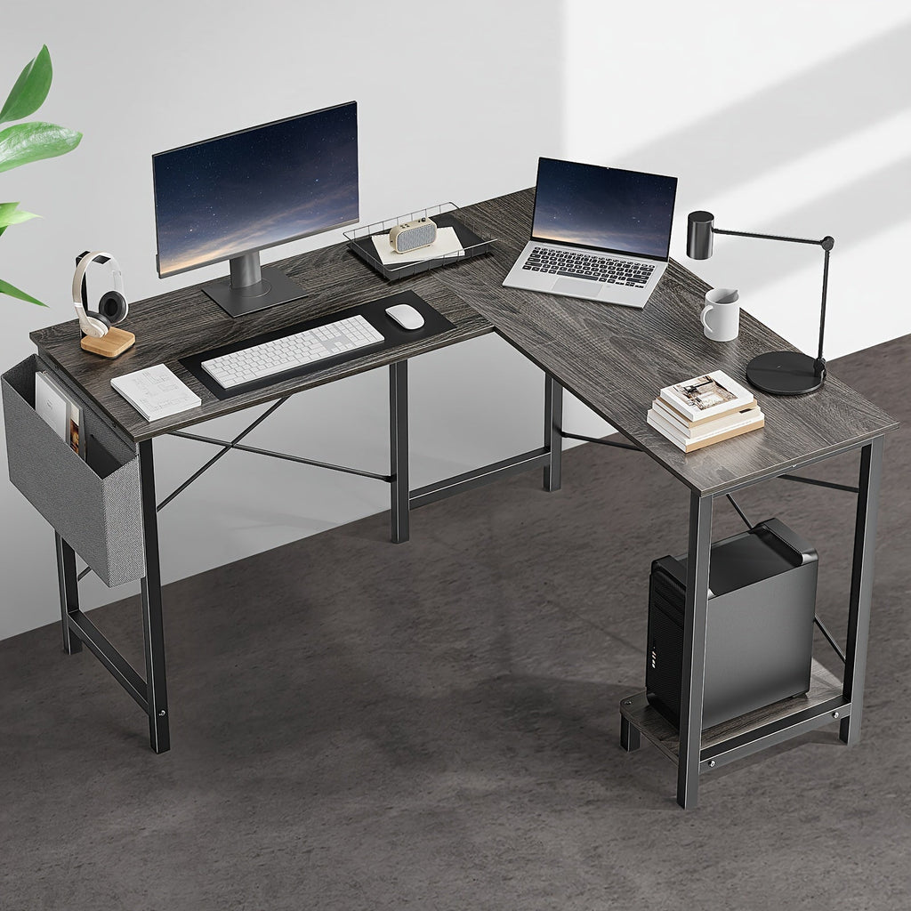 L Shaped Computer Desk with Storage Bag & Shelves – Reversible Corner Office Table, PC Laptop Workstation for Home Office, Study Room, Space-Saving Writing Desk