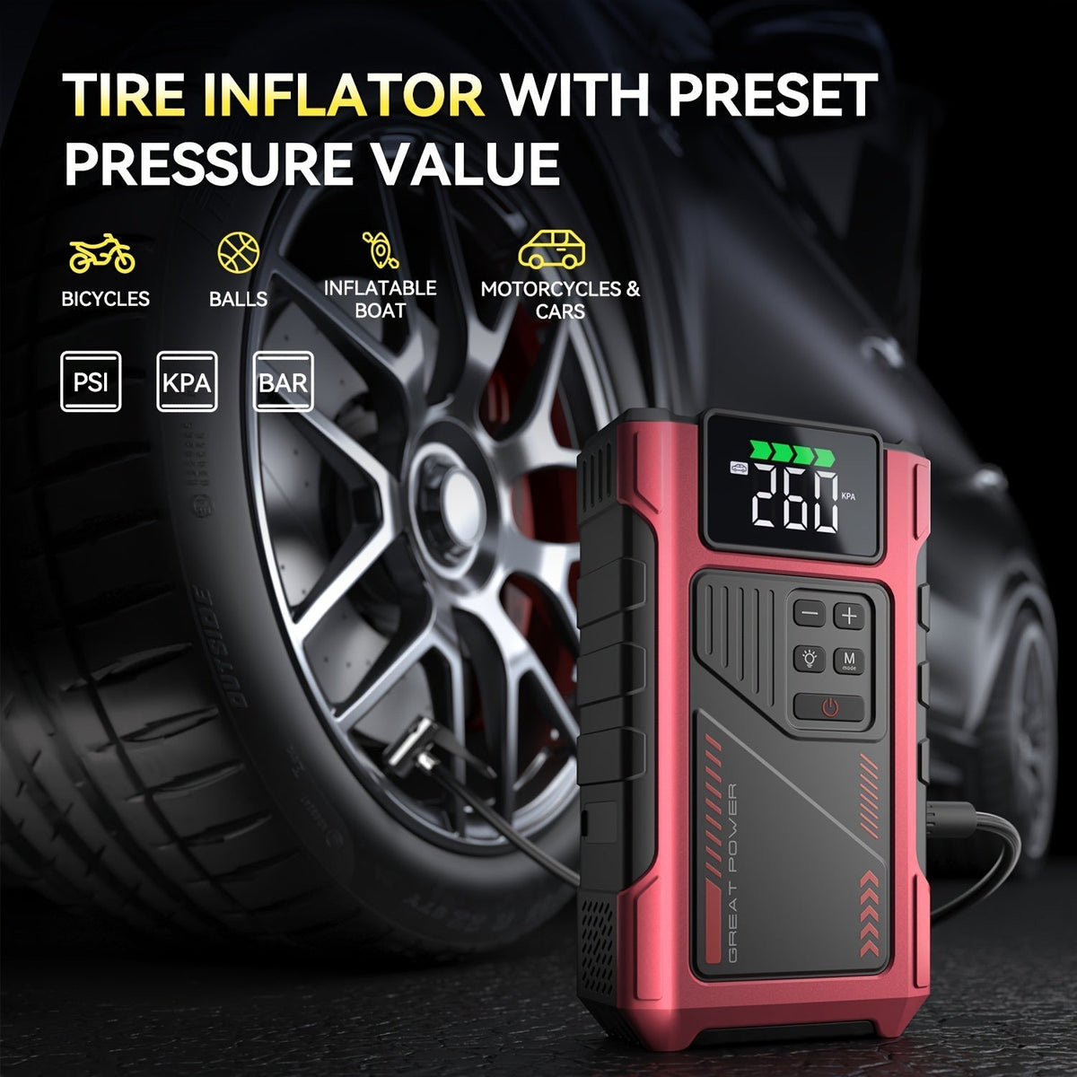 4000A Car Jump Starter with Air Compressor, 150PSI Tire Inflator & LED Light, Portable 12V Battery Jump Starter Pack for Gas 8.0L / Diesel 6.5L Engines – Car Emergency Kit