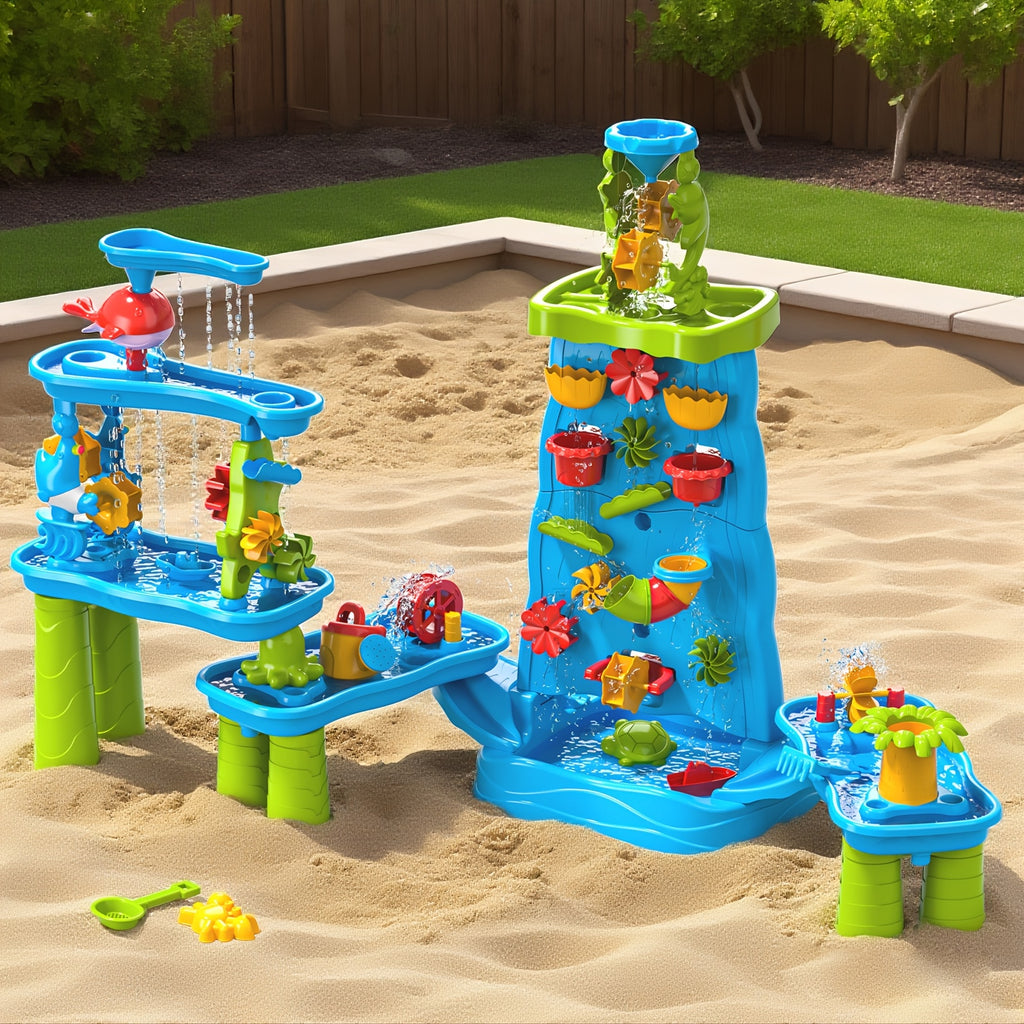 Kids Water Sand Table Double-Sided with Waterfall Maze Wall – Outdoor Sensory Play Table for Toddlers Boys & Girls – Summer Beach Toys Activity Station for Backyard, Patio & Pool Play