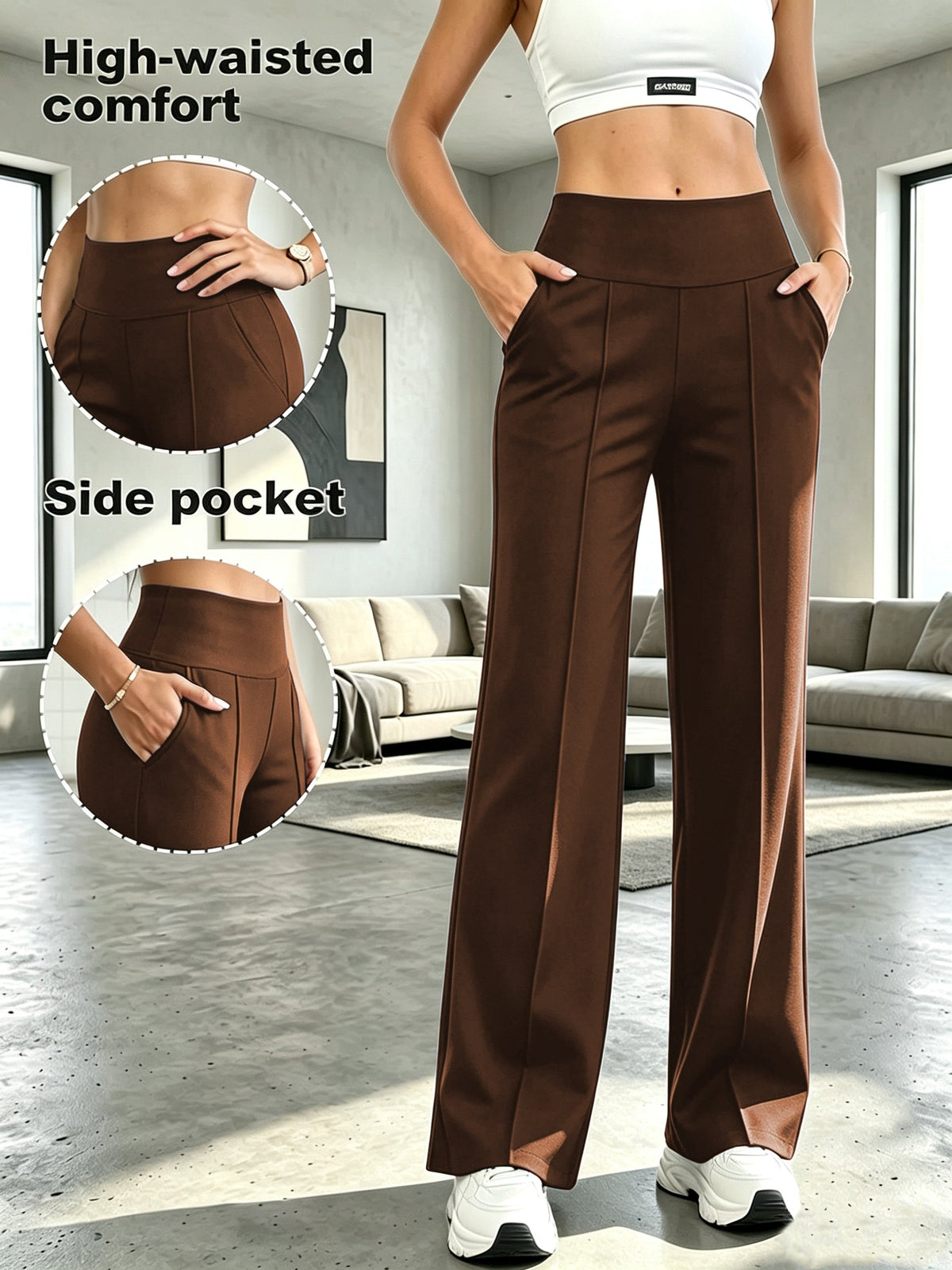 High Waist Tummy Control Wide Leg Pants Women with Pockets - Flowy Straight Leg Trousers, Soft Yoga Athletic Pants for Commute Casual Wear S M L XL