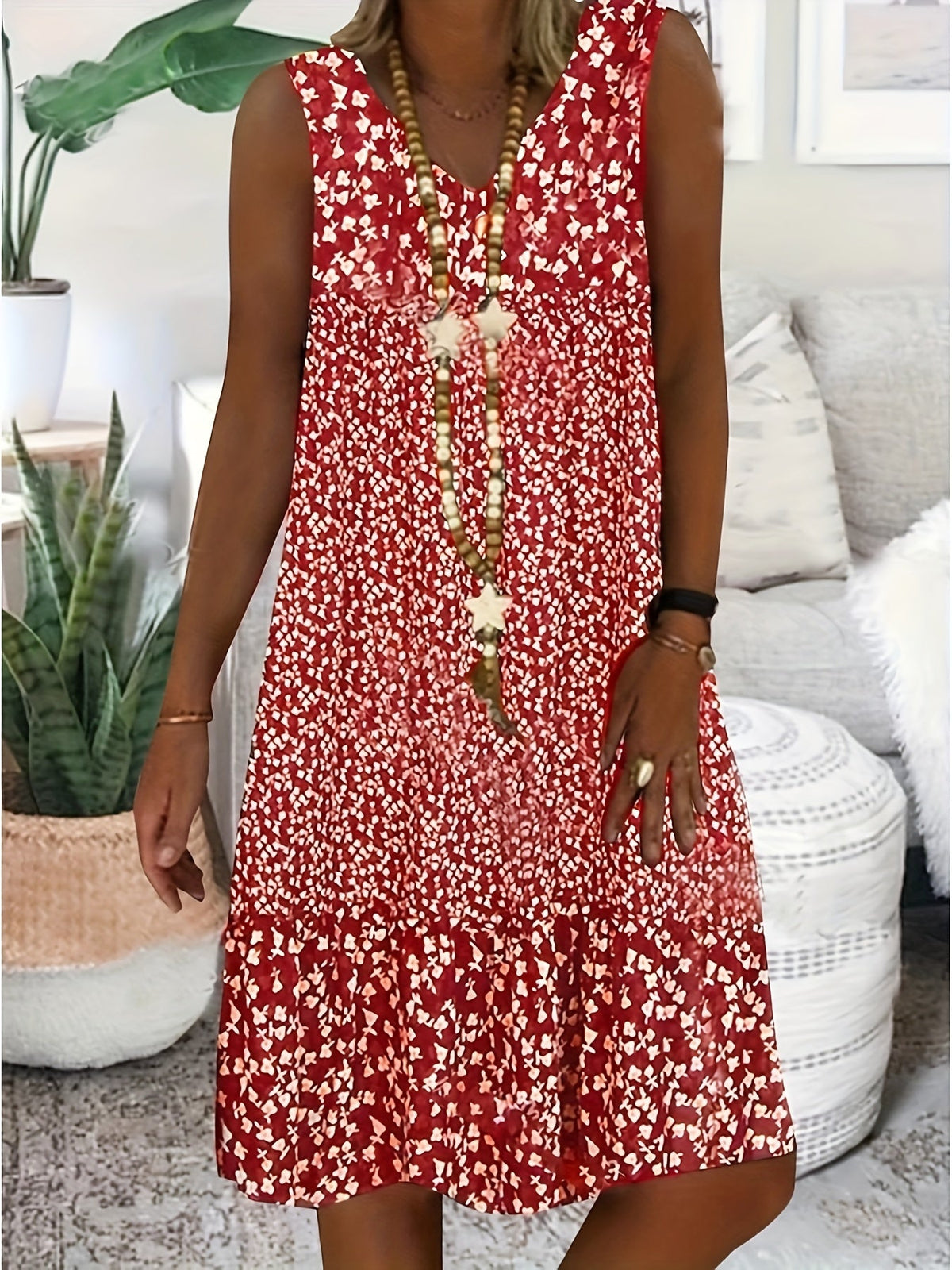 Women's V-Neck Sleeveless Dress Summer Floral Print Casual Sundress Loose Fit Beach Vacation Dress for Women S M L XL XXL