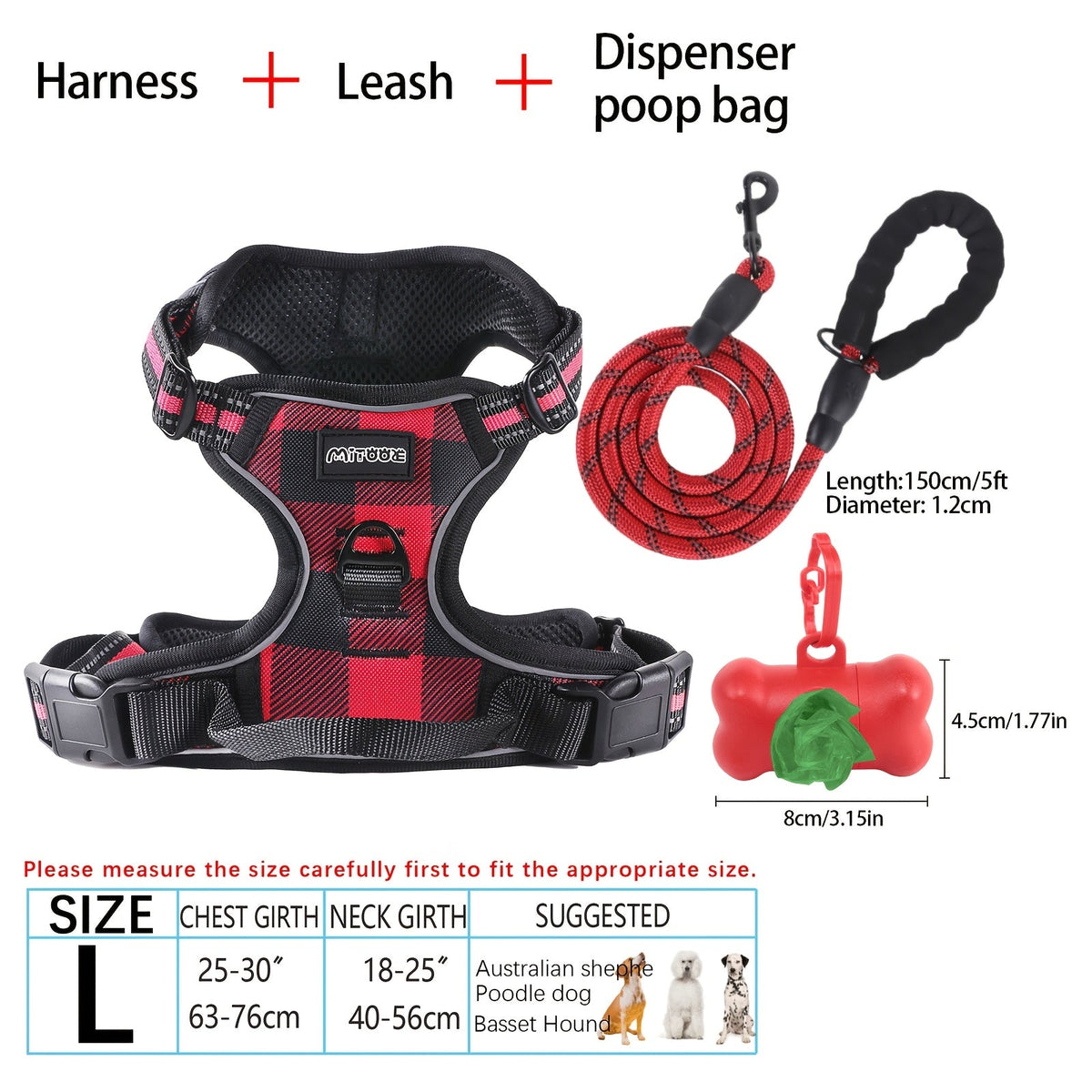 4-Piece Dog Harness and Leash Set No-Pull No-Choke Reflective Oxford Vest Harness with Leash Poop Bag Dispenser Easy Control Handle for Medium Large Dogs Outdoor Training Walking