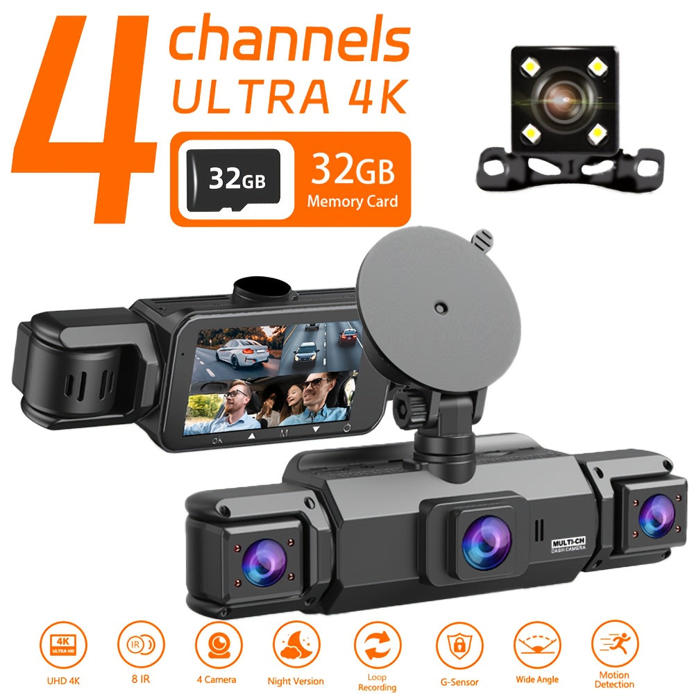 4K Dash Cam 360° Rotary 4-Channel Car DVR with Free 32GB SD Card Night Vision 24H Loop Recording Parking Monitor Front 4K Rear Left Right 1080P Cameras Rearview Camera for All Vehicles