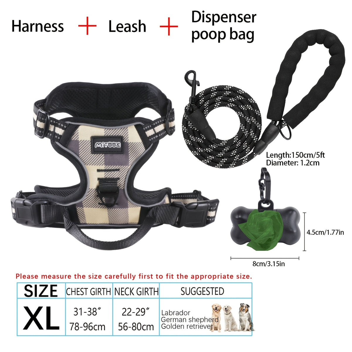 4-Piece Dog Harness and Leash Set No-Pull No-Choke Reflective Oxford Vest Harness with Leash Poop Bag Dispenser Easy Control Handle for Medium Large Dogs Outdoor Training Walking