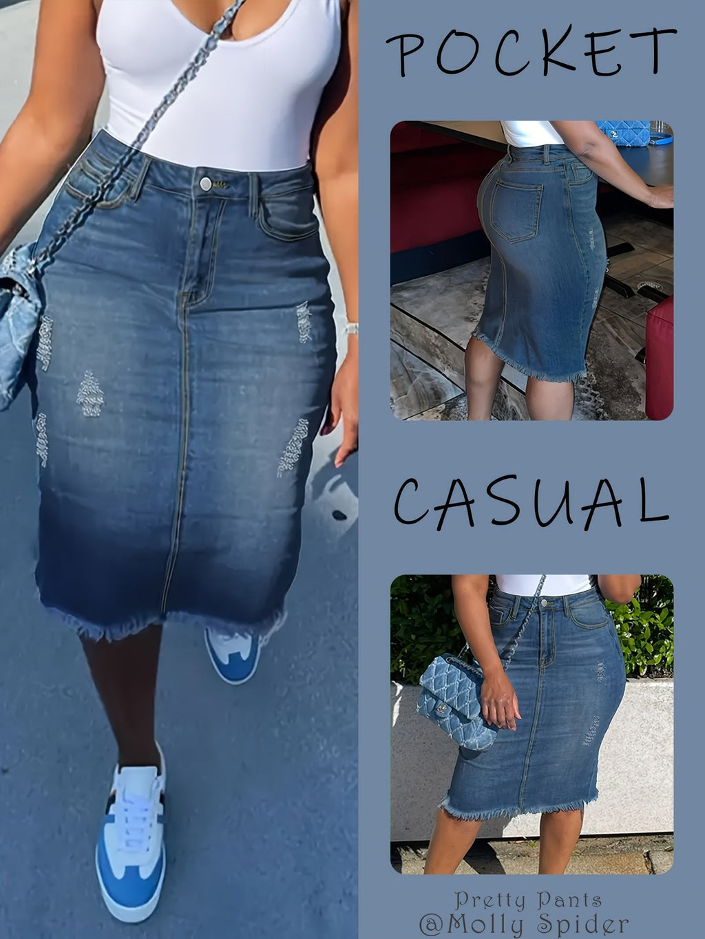 Women's Vintage High-Waisted Denim Midi Skirt – Stretch Raw Hem Distressed Look, Machine Washable, Non-Transparent, Sea Blue, Sizes XS-XXL, Casual Spring Summer Fall Skirt