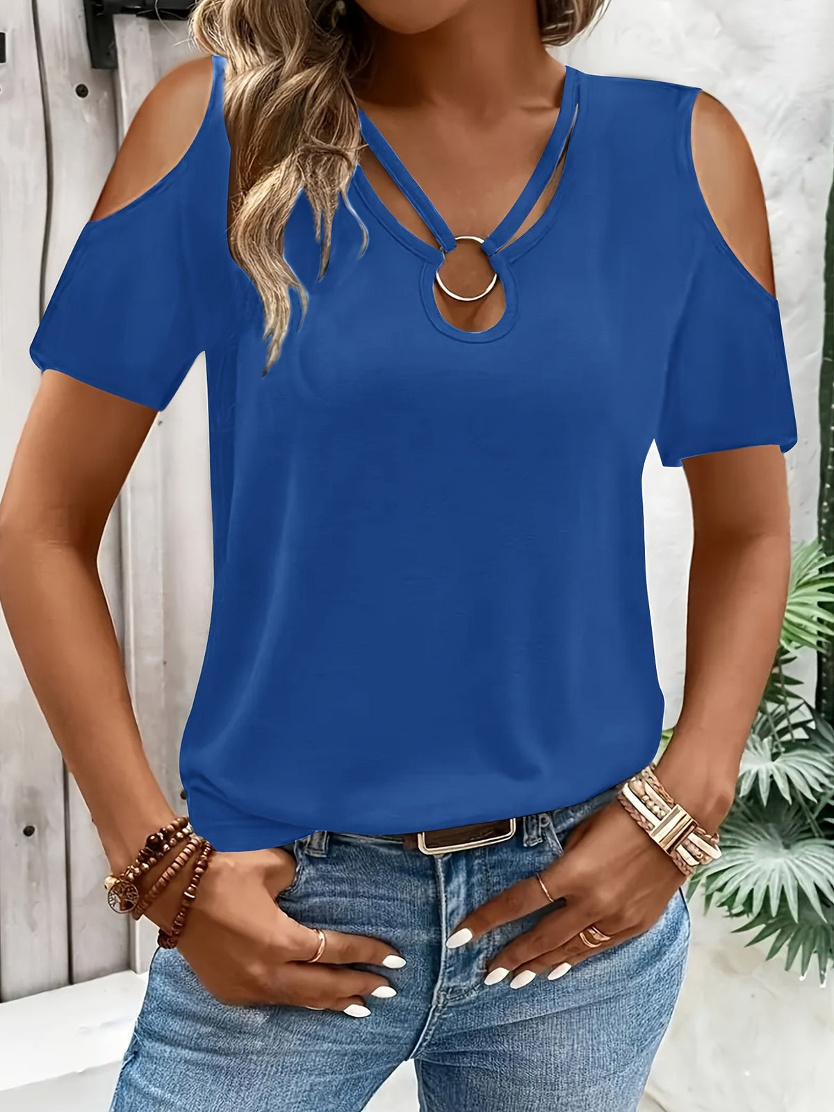 Women Off Shoulder Short Sleeve T-Shirt Solid Color Crew Neck Stretch Knit Spring Summer Casual Top Black White Burgundy Blue Olive Green Chocolate S M L XL XXL
