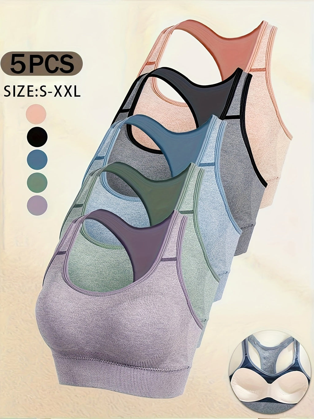 Women's Seamless Sports Bra 5-Pack – Wire-Free Soft Yoga Gym Bra, Opaque Stretch Fabric, Comfortable Everyday Fitness Bralette Set for Workout, Yoga & Casual Wear