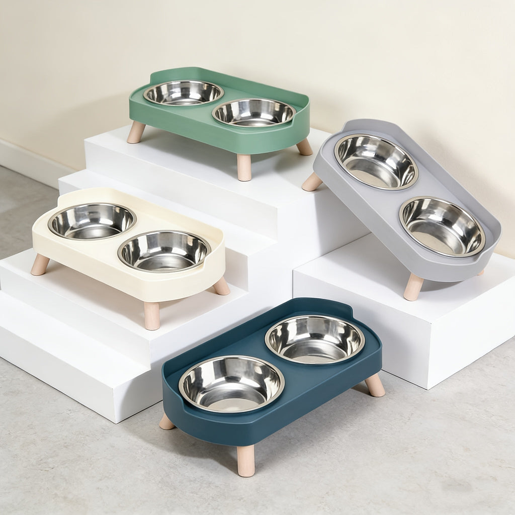 Elevated Cat Bowls Raised Stainless Steel - Double Cat Food and Water Bowl Set, Anti-Vomit Neck Protection, Non-Slip Feeder Stand, Splash-Proof Dishwasher Safe, Includes 2 Bowls & Pet Food Scoop for Indoor Cats