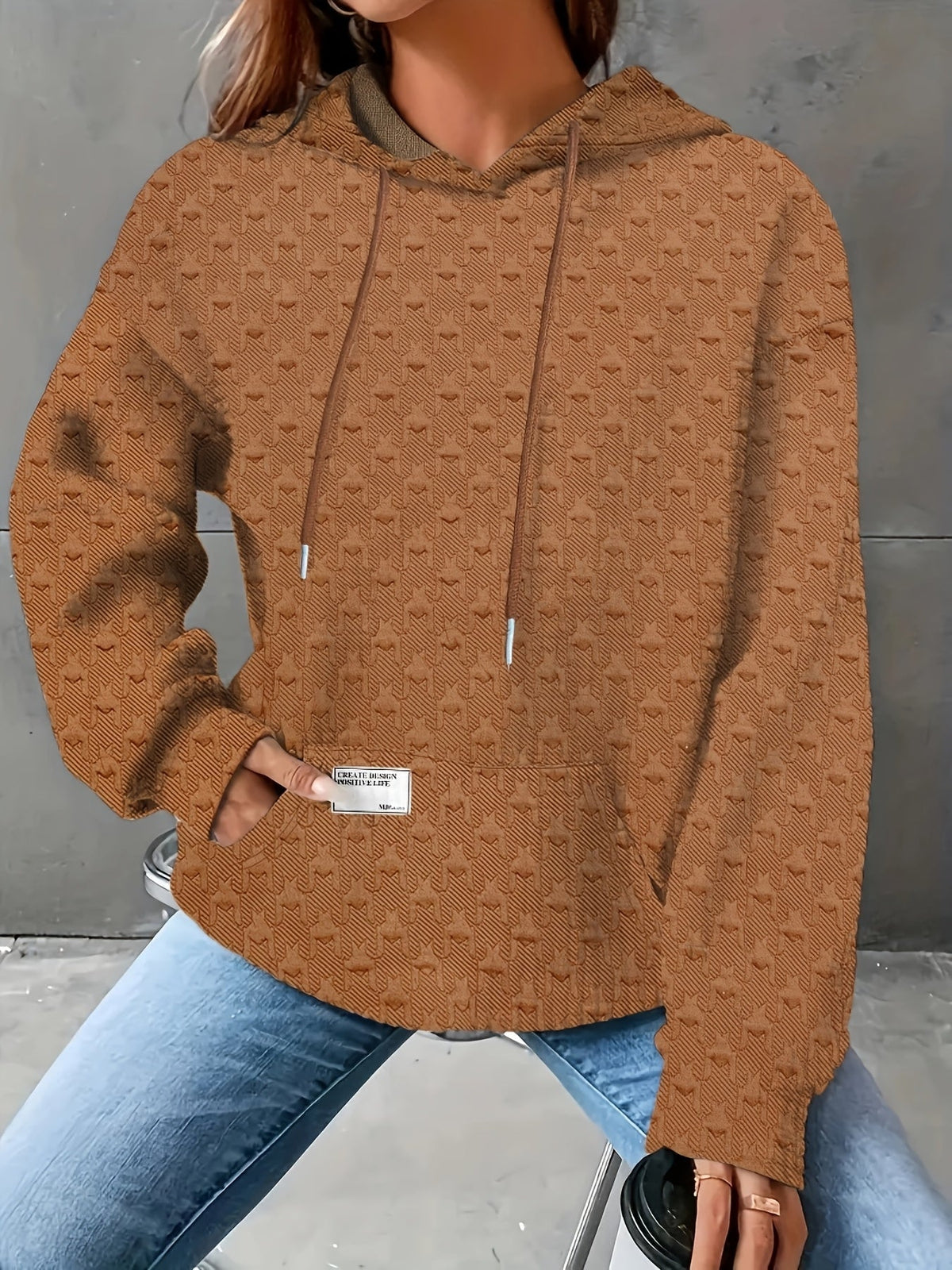 Women's Waffle Hooded Long-Sleeve Sweatshirt – Solid Color Cozy Pullover Hoodie for Autumn & Winter Casual Loungewear & Everyday Wear