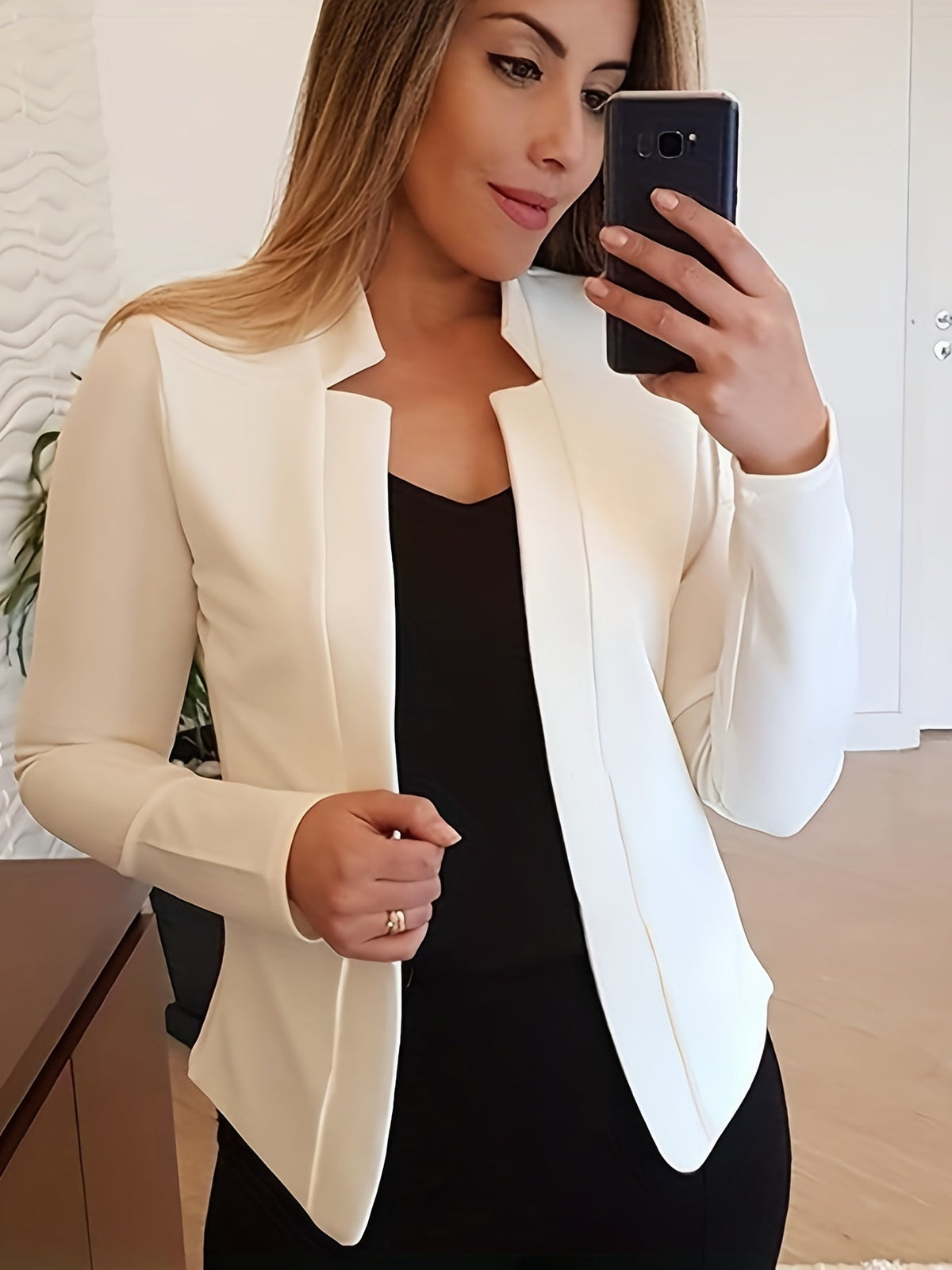 Women's Open Front Blazer Jacket – Loose Fit Notch Lapel Long Sleeve Knit Stretch Casual Chic Blazer with Chest Pocket for Work Office
