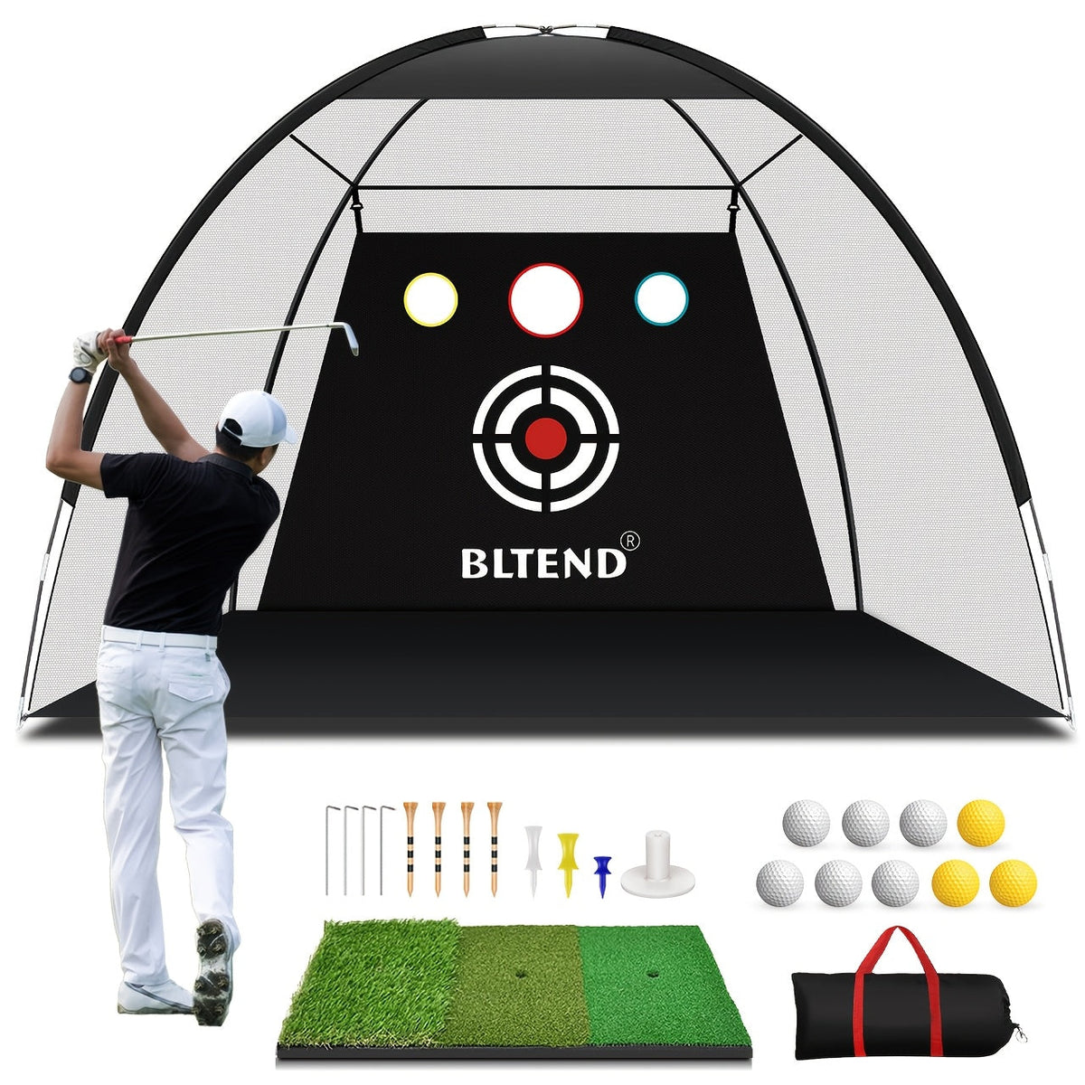 10x7ft Golf Practice Net & Mat Set with Balls, Tees & Carry Bag – Heavy Duty Golf Hitting Net for Backyard, Basement & Indoor Outdoor Use, Golf Training Equipment Gift for Men & Women