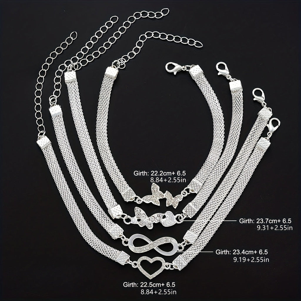 925 Silver Butterfly Infinity Anklet Set 4pcs – Stackable Foot Chain Bracelet for Women, Elegant Summer Jewelry, Mother's Day & Birthday Gift
