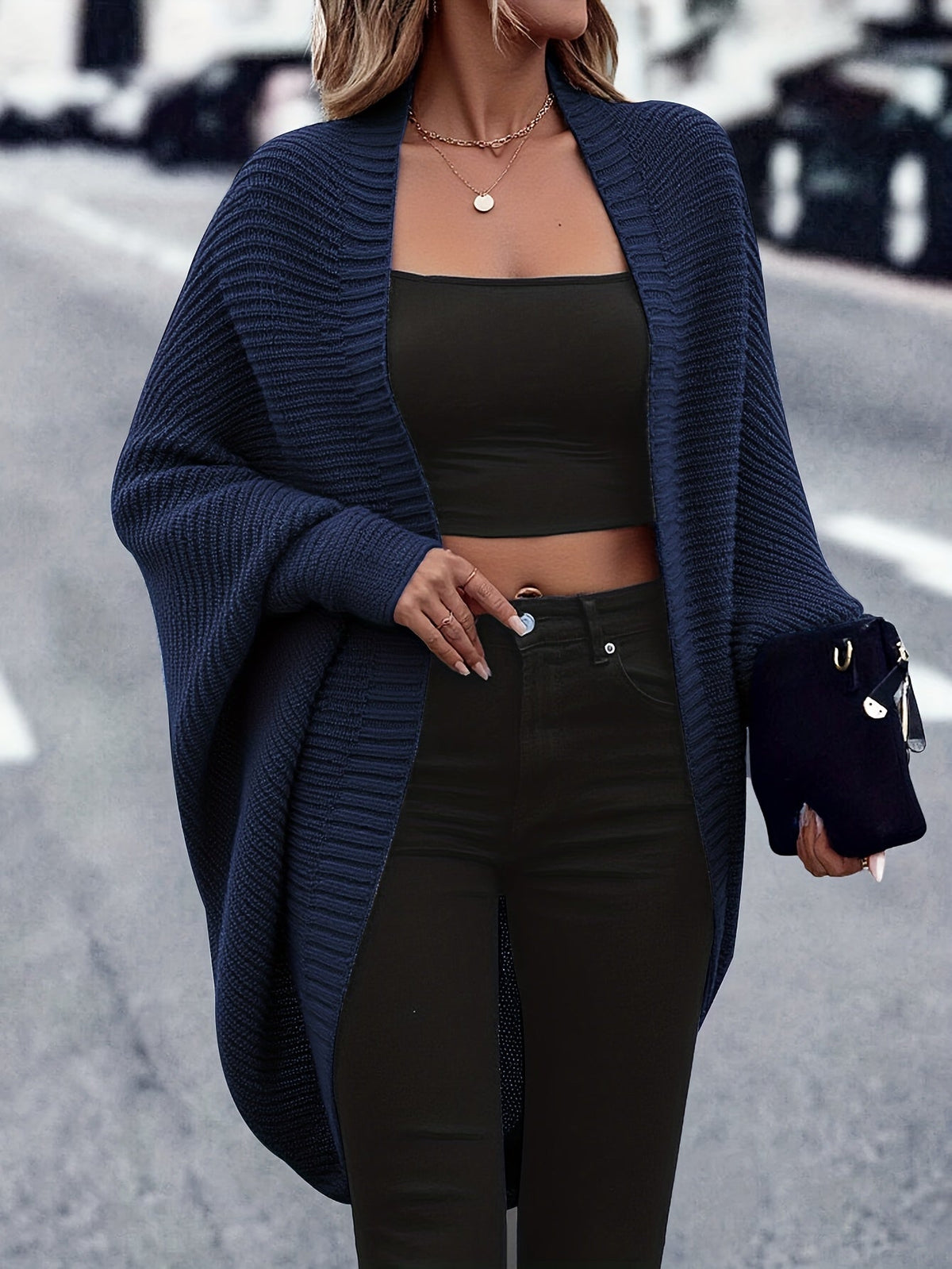 Women's Oversized Open Front Knit Cardigan Coat Long Sleeve Batwing Solid Color Sweater Jacket Fall Winter Casual Elegant Outerwear S-XXL