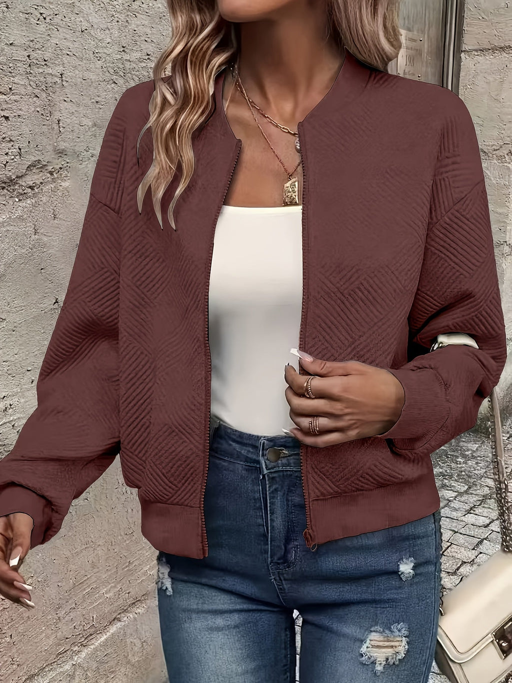 Women's Baseball Collar Zipper Jacket - Solid Color Casual Outerwear | Rib-Knit Polyester Lined Sporty Coat Fall Spring Fashion New Arrival