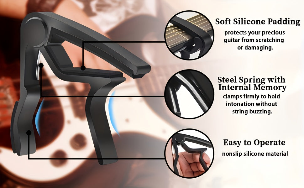 Guitar Clip-On Tuner & Capo Set with Picks 9pcs – Chromatic Multi-Mode Tuner for Acoustic, Electric, Bass, Violin & Ukulele, Spring-Loaded Capo, Rosewood Picks Included