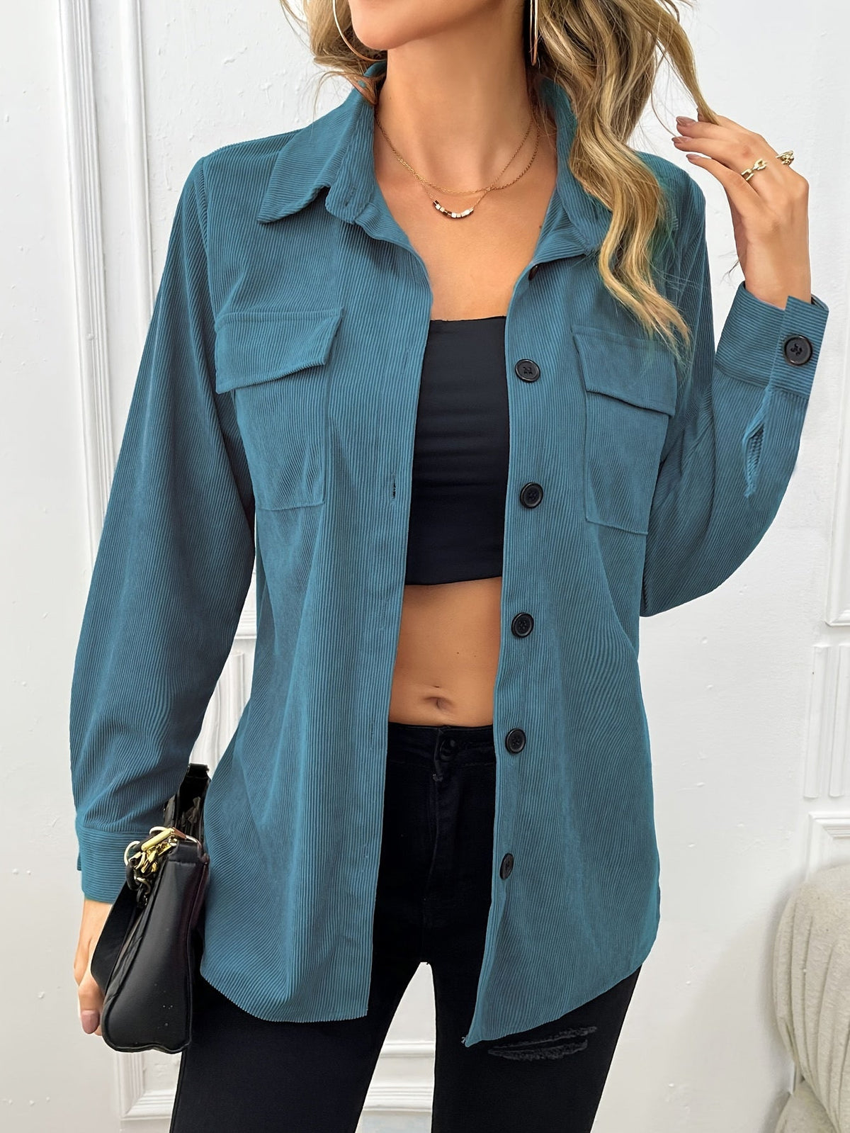 Corduroy Shirt Jacket Women Lapel Front Pocket Long Sleeve Shacket Casual Fall Outerwear Pale Pink Gray Peacock Blue Black XS S M L XL