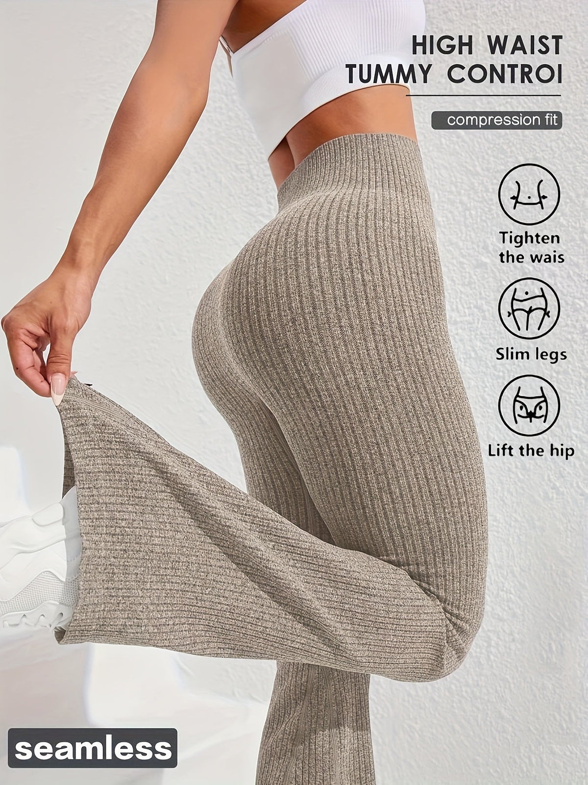 Women's High Waist Tummy Control Slim Flare Pants Textured Wide Ribbed Knit Stretch Yoga Fitness Running Casual Trousers XS-L 4 Colors