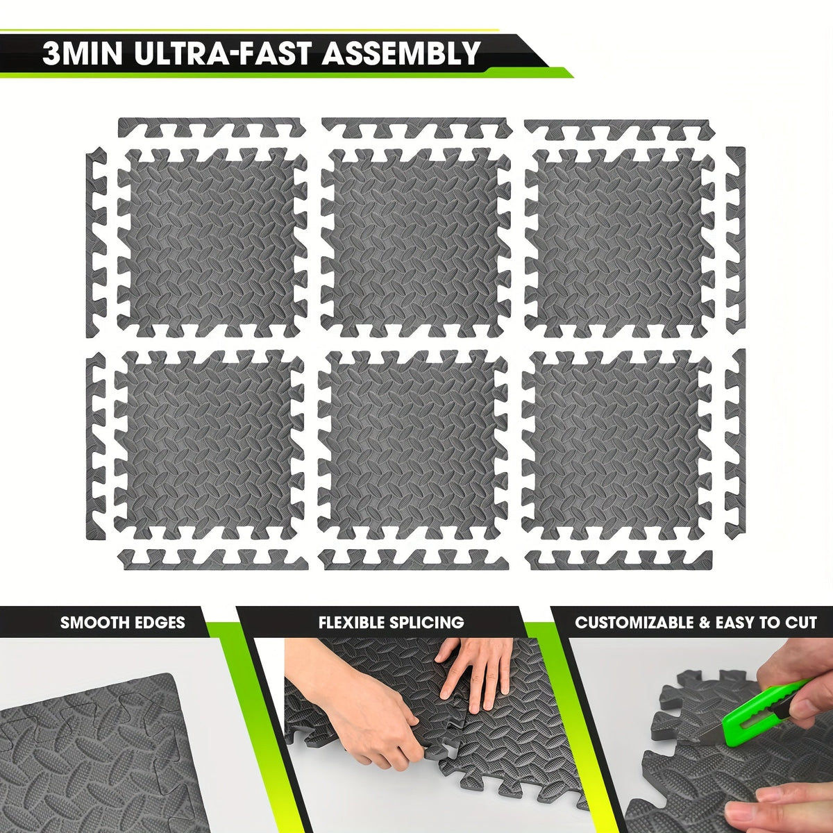 EVA Interlocking Gym Floor Mats 20 or 60 Pack – Thick Impact-Resistant Non-Slip Waterproof Foam Puzzle Tiles for Home Gym, Yoga, Weightlifting & Exercise, Black