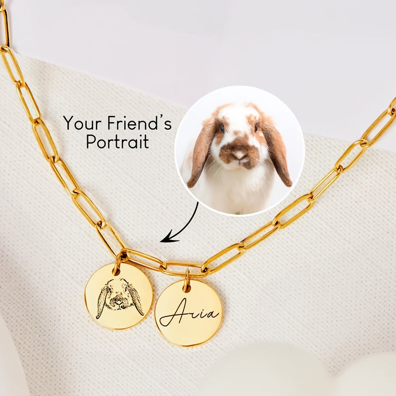 Personalized Pet Portrait Necklace - Paper Clip Chain Double Circle Pendant Engraved with Pet Portrait & Name, Custom Memorial Gift for Pet Lovers & Gift for Her, All-Season Wearable (Silver or Gold)