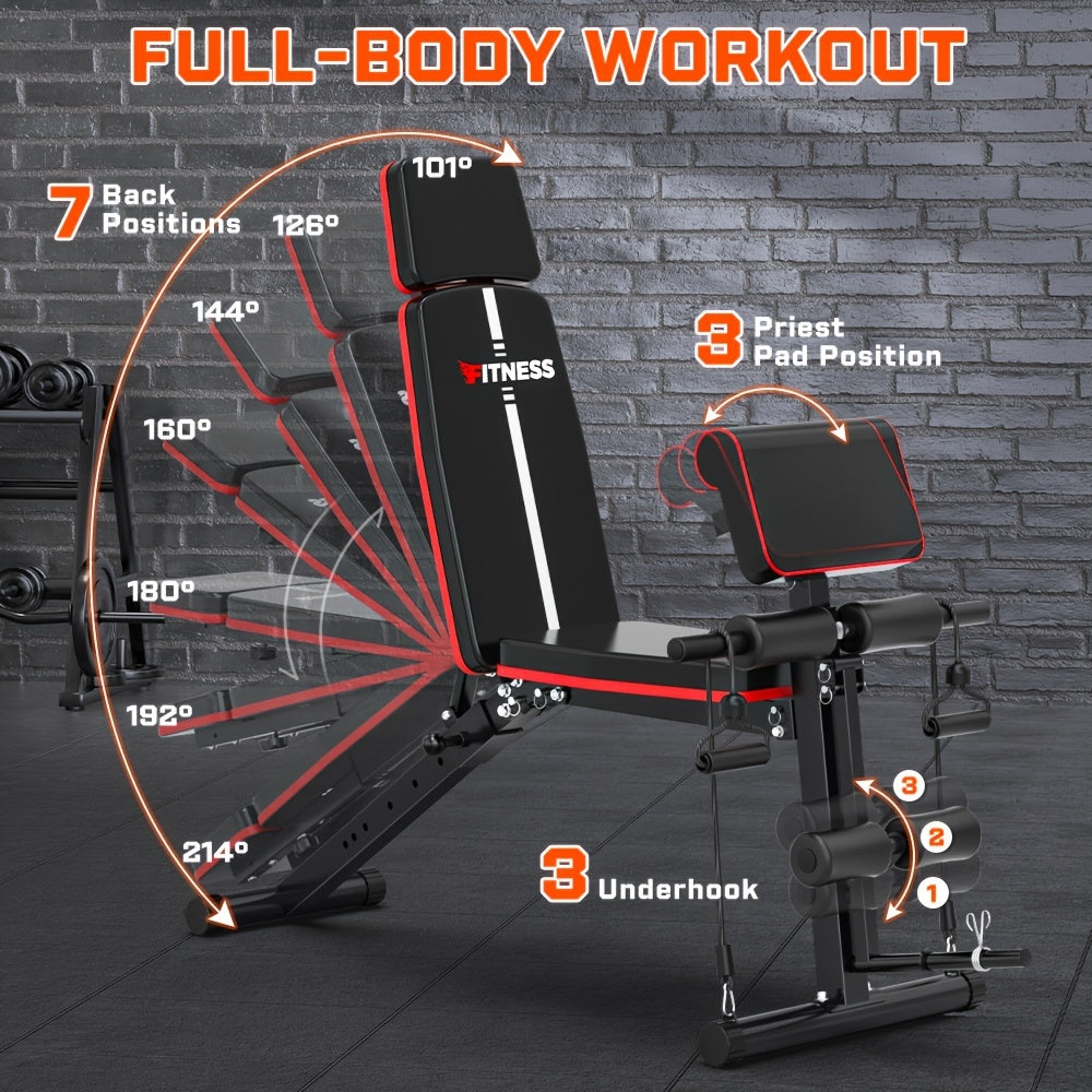 Foldable 6-in-1 Adjustable Weight Bench for Home Gym – 770 LBS Capacity, Flat Incline Decline, Resistance Bands, Preacher Curl Pad & Leg Developer, Full Body Strength Training Equipment