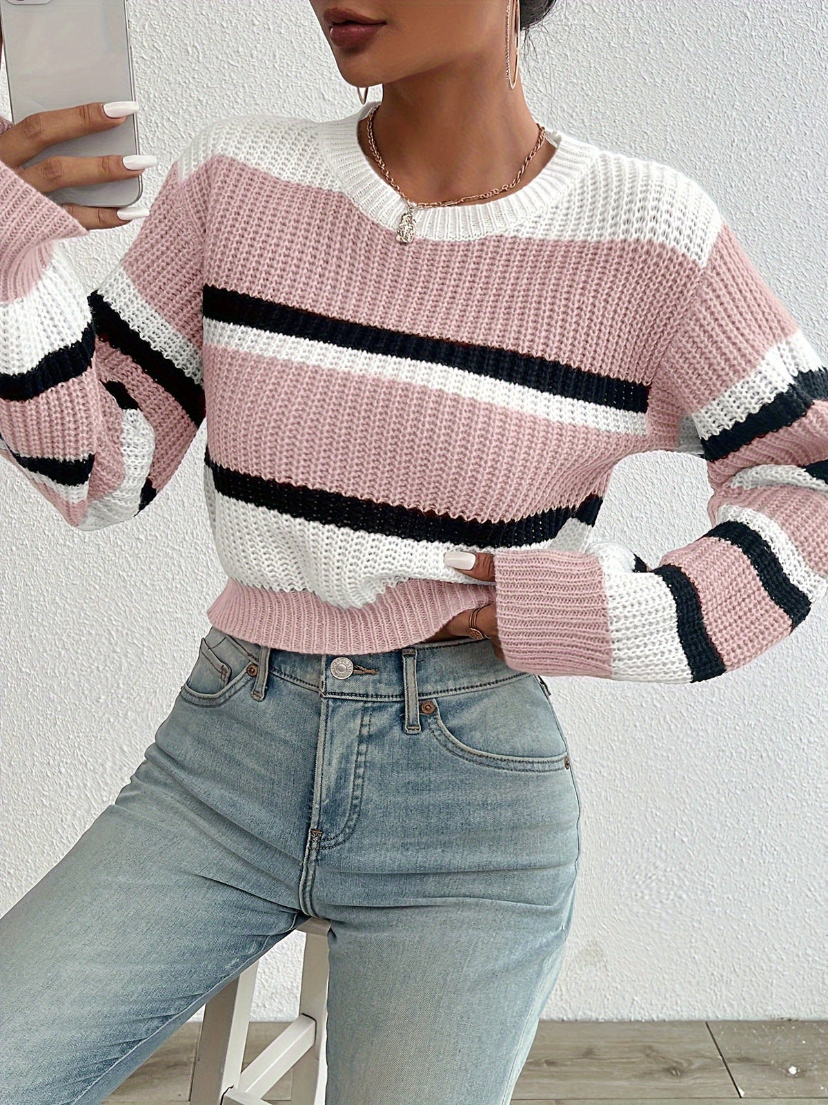 Striped Color Block Drop Shoulder Cropped Sweater Women Fall Winter Loose Fit Knit Pullover Round Neck Long Sleeve Top S-XL