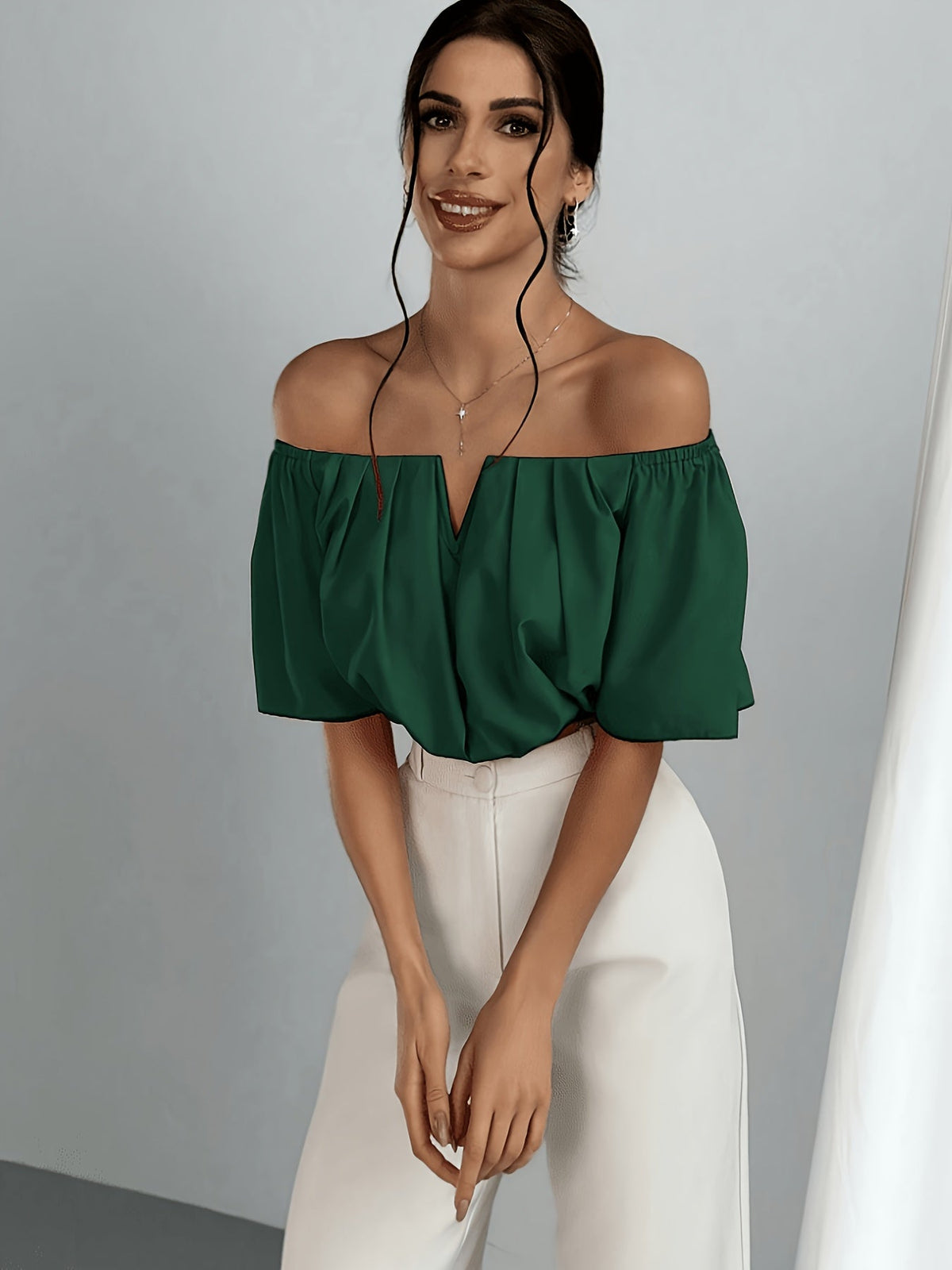 Off Shoulder V-Neck Blouse Women Short Sleeve Solid Color Sexy Summer Top | Vacation Party Casual Wear Multiple Colors XS-L
