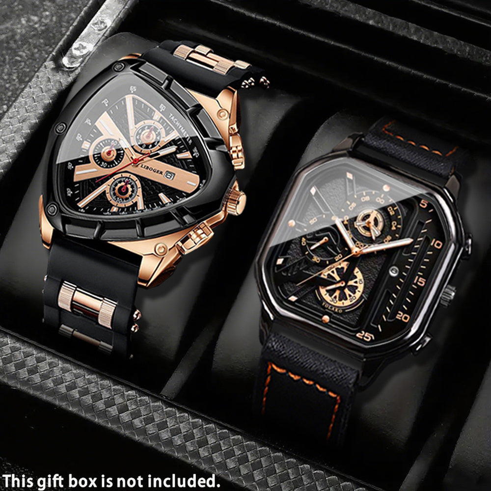 2pcs Men's Watch Set Sports Triangle Dial Silicone Strap and Retro Square Dial Quartz Watches with Date Display Dress Watch for Casual Valentine's Father's Day Gift