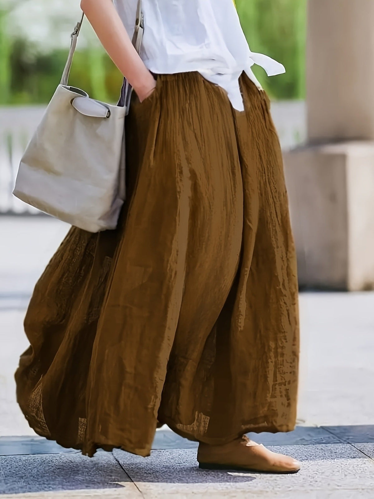 Women's Solid Color Retro Midi Skirt with Pockets Flared Hem Loose Fit Breathable 100% Polyester Spring Summer Fall Purple Burgundy Grey Blue Maroon Brown Green S M L XL XXL