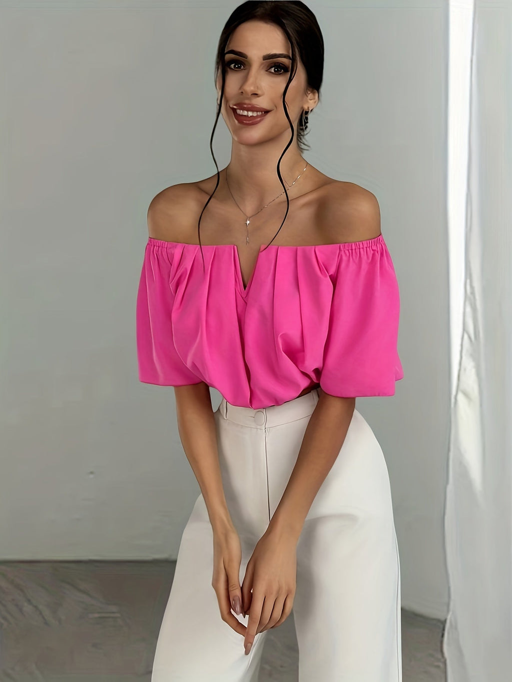 Off Shoulder V-Neck Blouse Women Short Sleeve Solid Color Sexy Summer Top | Vacation Party Casual Wear Multiple Colors XS-L