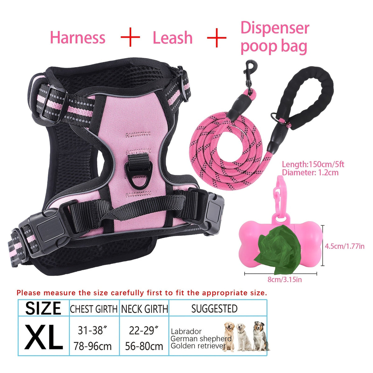 4-Piece Dog Harness and Leash Set No-Pull No-Choke Reflective Oxford Vest Harness with Leash Poop Bag Dispenser Easy Control Handle for Medium Large Dogs Outdoor Training Walking