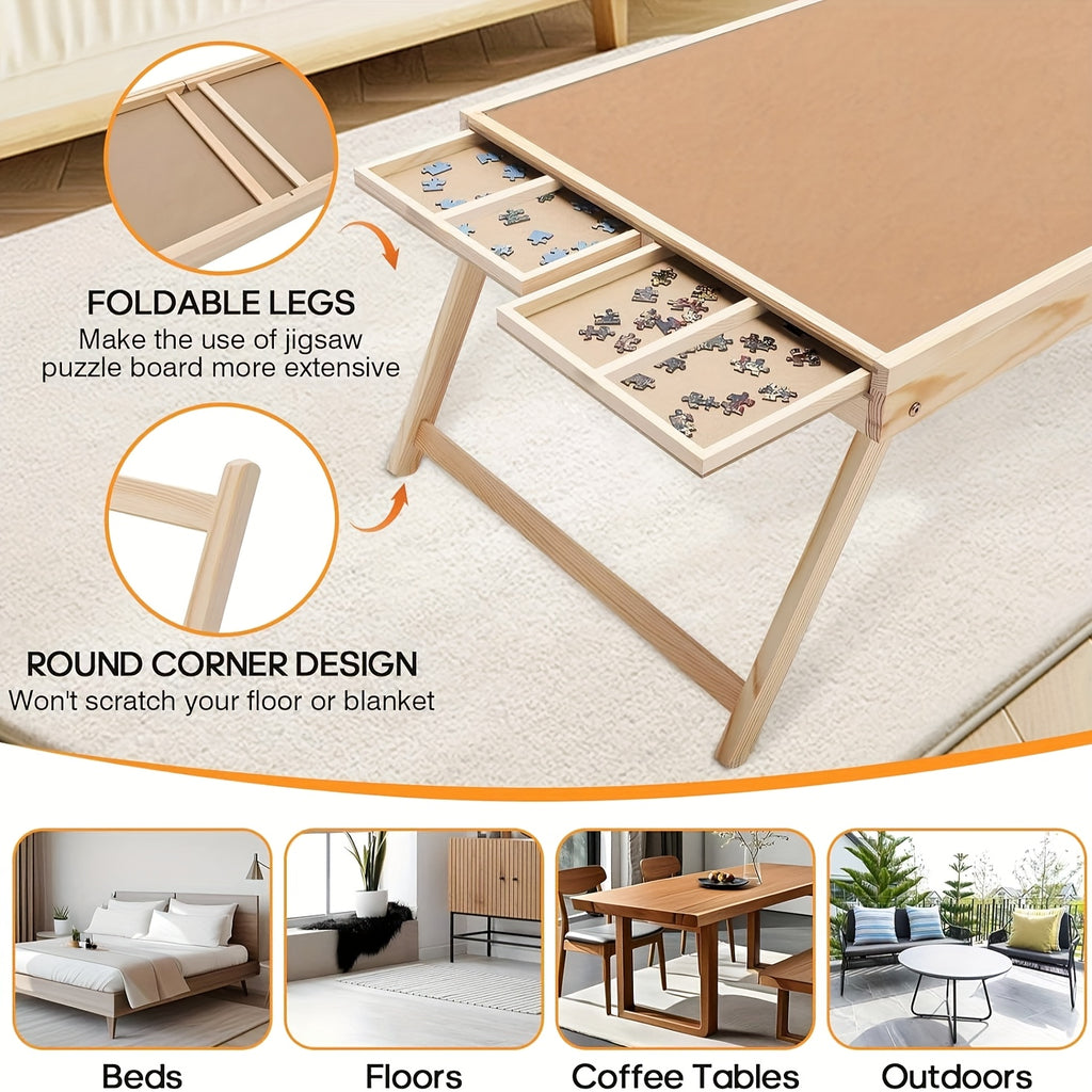 Wooden Jigsaw Puzzle Table with Folding Legs - 4 Drawers & 16 Sorting Grids, Portable Puzzle Board for 1000 Piece Puzzles, Natural Wood Storage & Organization Tray for Adults & Kids, Home & School