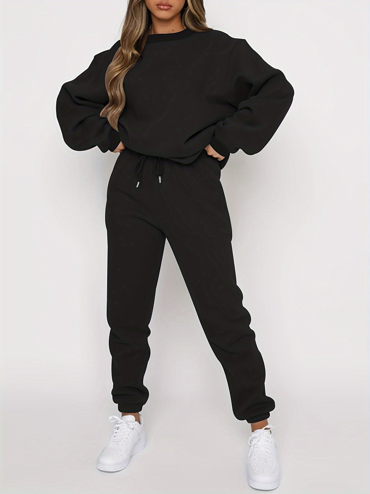 Women's 2 Piece Sweatshirt Pants Set Crew Neck Pullover Elastic Waist Drawstring Jogger Casual Lounge Suit Beige Grey Black Navy Coffee S-XXL