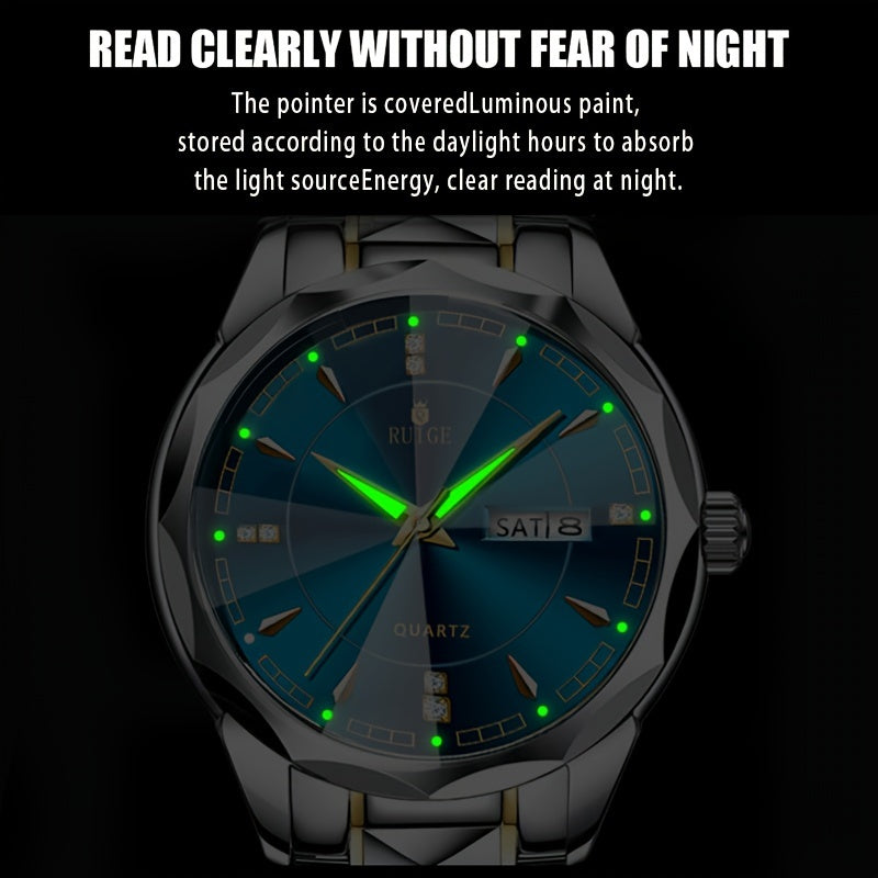 RUIGE Men's Fashion Quartz Watch – Night Light, Dual Calendar, Diamond Shaped Mirror Dial, Stainless Steel Case, Alloy Strap, Business Casual Wristwatch, Perfect Father's Day Gift for Men