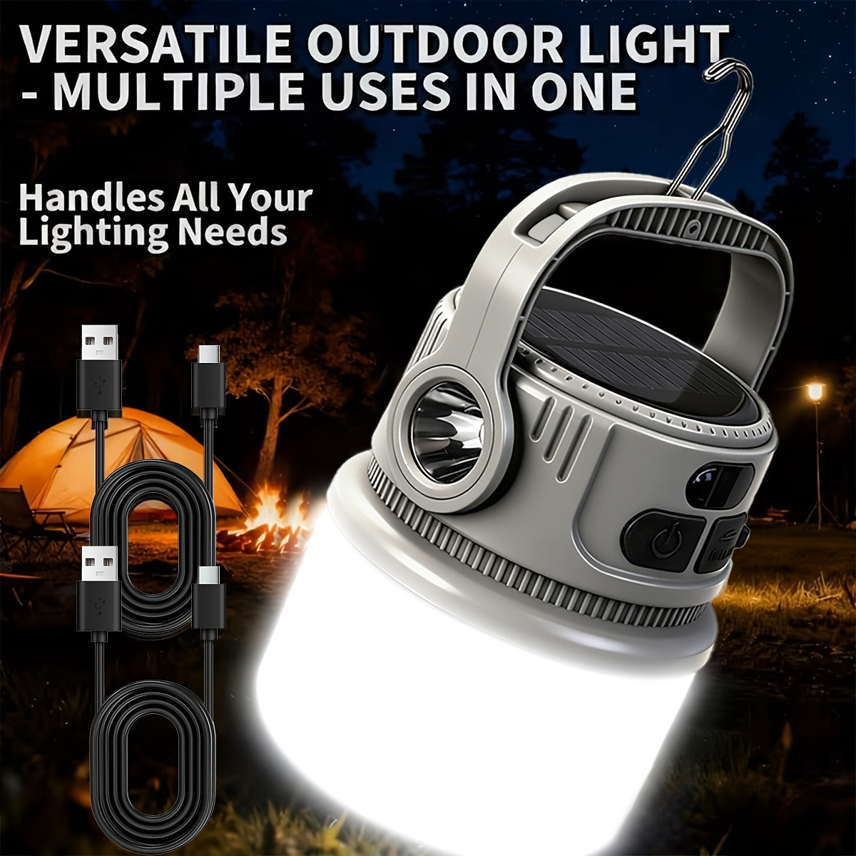 Solar Rechargeable LED Camping Lantern 6 Modes - USB Power Bank, Hook, 4-8 Hour Battery, Portable Outdoor Light for Tent Camping, Hiking, Mountaineering & Emergency