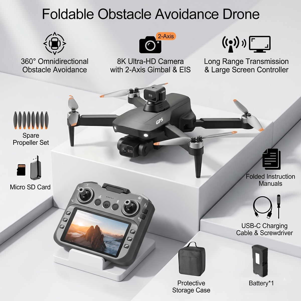 8K EIS Brushless Drone with 360° Obstacle Avoidance, 5G Dual-Mode Transmission, 50-Minute Battery, Screen Remote Control – Wind-Resistant GPS Quadcopter for Adults Aerial Photography