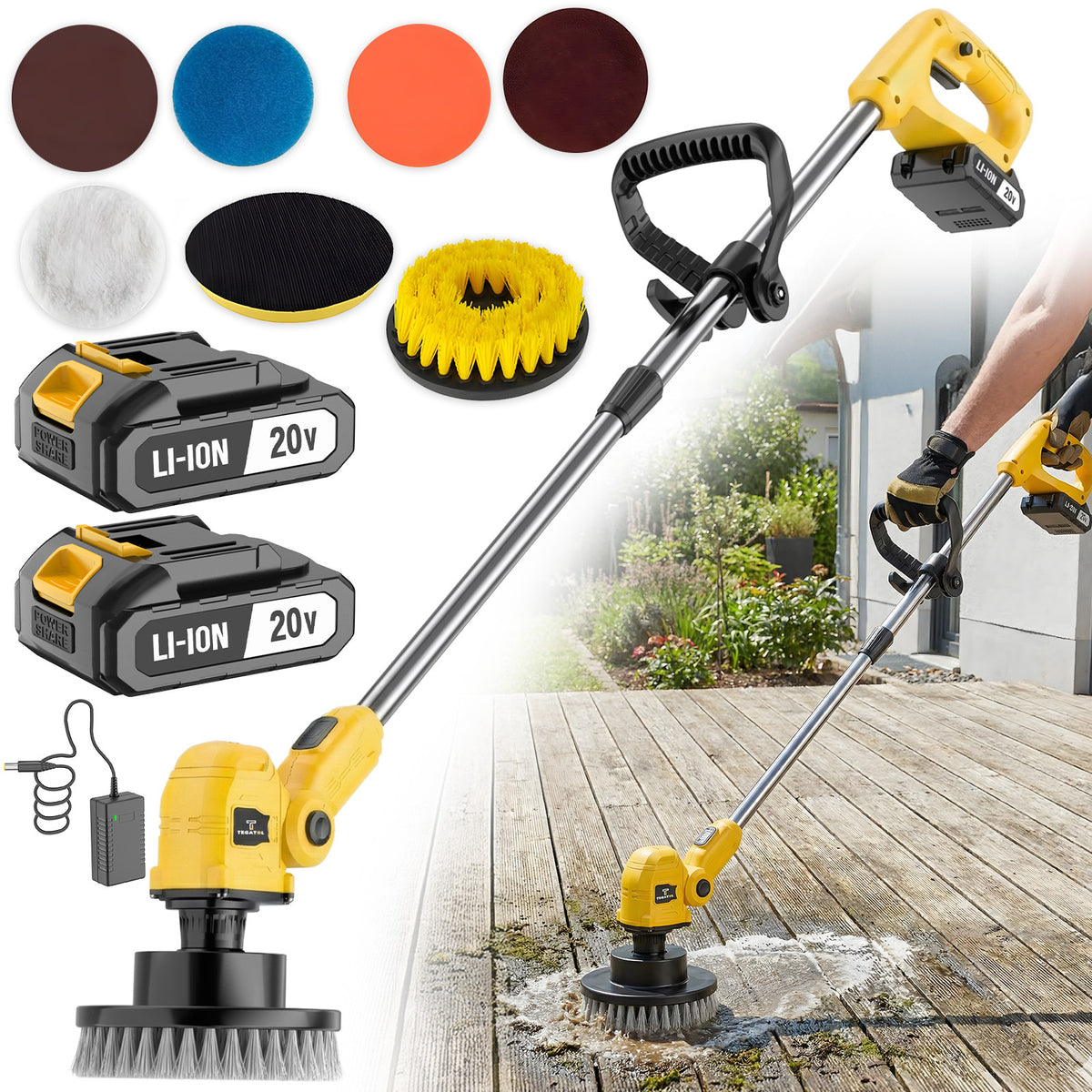 Wireless Rotating Electric Floor Cleaner with Telescopic Handle - 2 Brush Heads, 4 Mop Pads, Cordless Spin Scrubber for Kitchen, Bathroom, Balcony & Living Room Floors