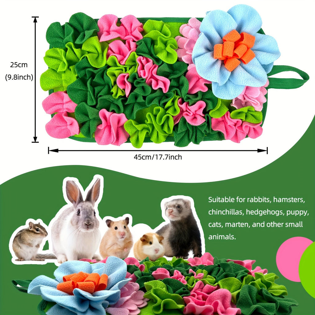 Interactive Snuffle Mat for Small Pets, Rabbit & Hamster Foraging Pad with Flower Design & Non-Slip Base, Mental Stimulation Feeding Toy for Guinea Pigs, Hedgehogs & Small Animals, Enrichment Activity Mat