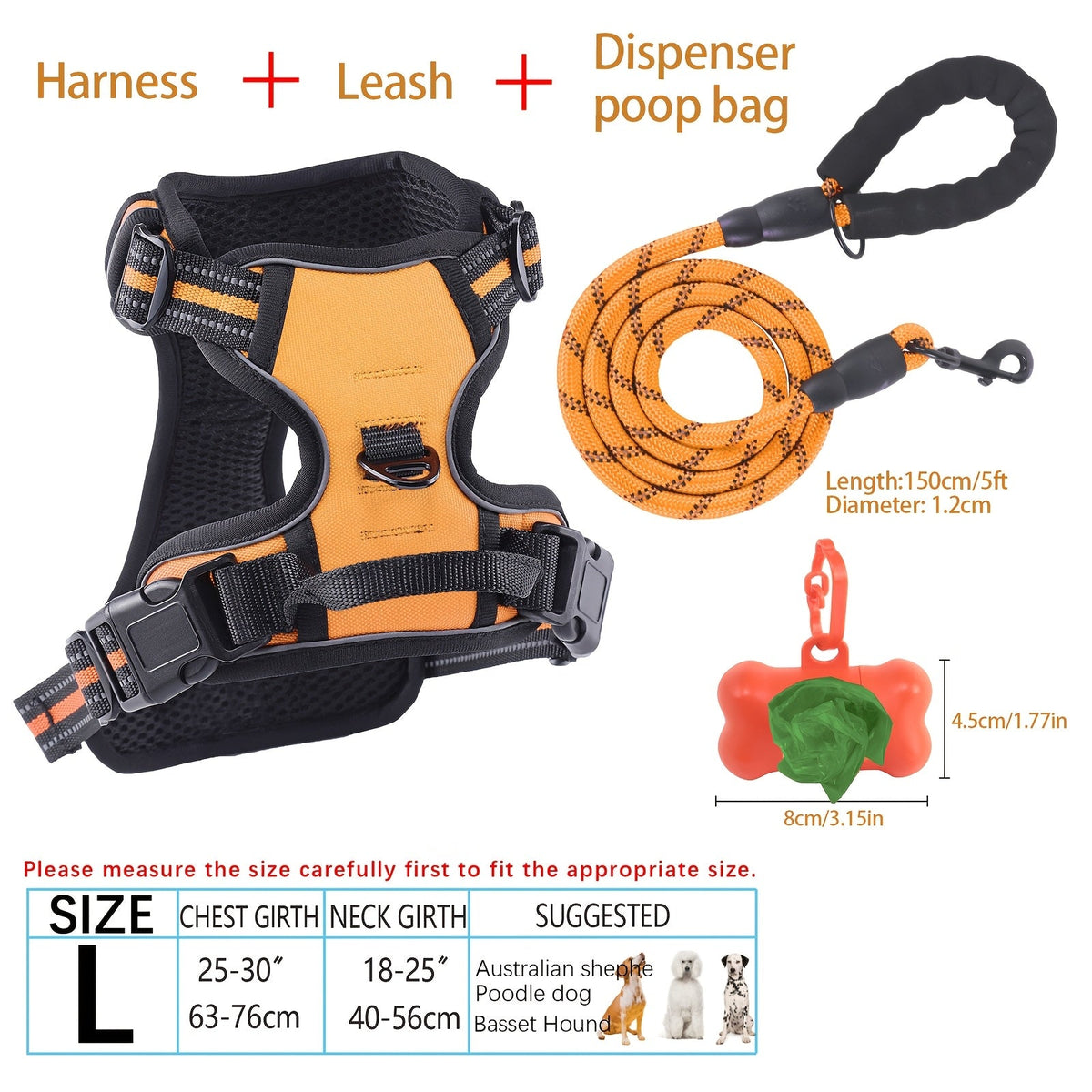 4-Piece Dog Harness and Leash Set No-Pull No-Choke Reflective Oxford Vest Harness with Leash Poop Bag Dispenser Easy Control Handle for Medium Large Dogs Outdoor Training Walking