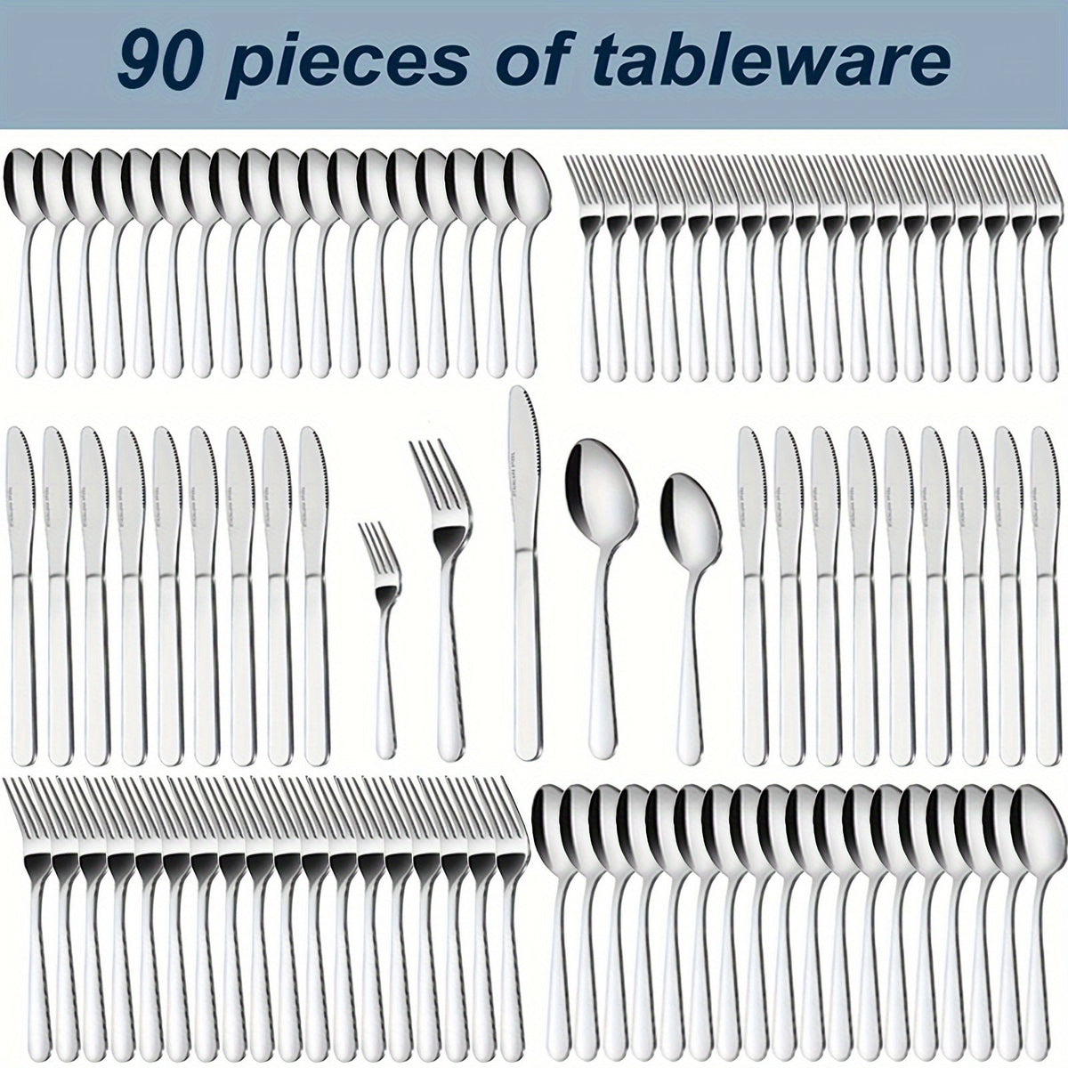 Stainless Steel Flatware Set 60/90 Piece – Silverware for 12-18 People with Gift Box, Steak Knives Salad Forks Dessert Spoons, Dishwasher Safe, for Home Wedding Camping Party Halloween