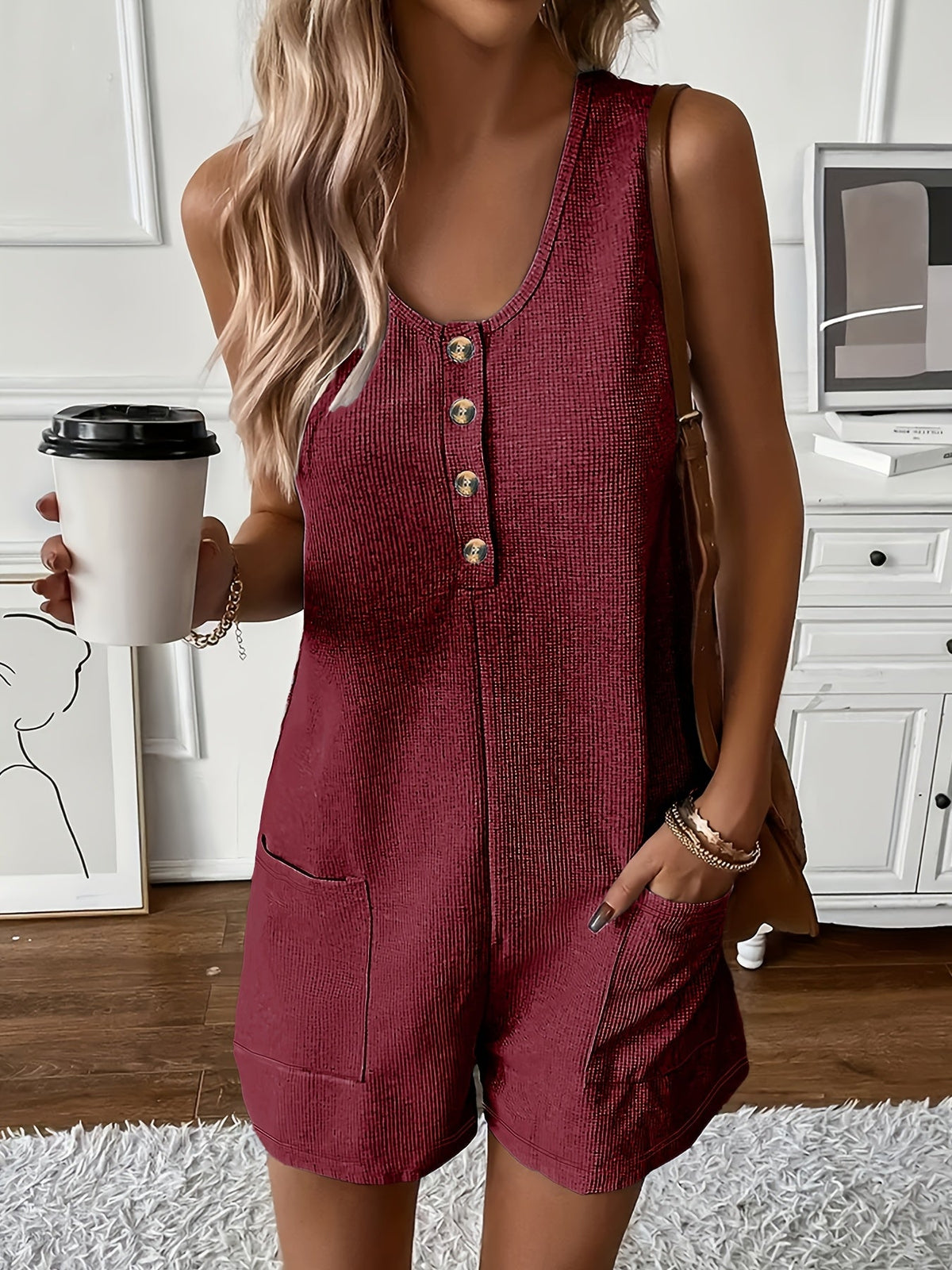 Women's Casual Jumpsuit Button Front Romper With Pockets - Sleeveless V-Neck Solid Color One Piece Playsuit for Summer | Sizes S-XL | Navy Pink Burgundy