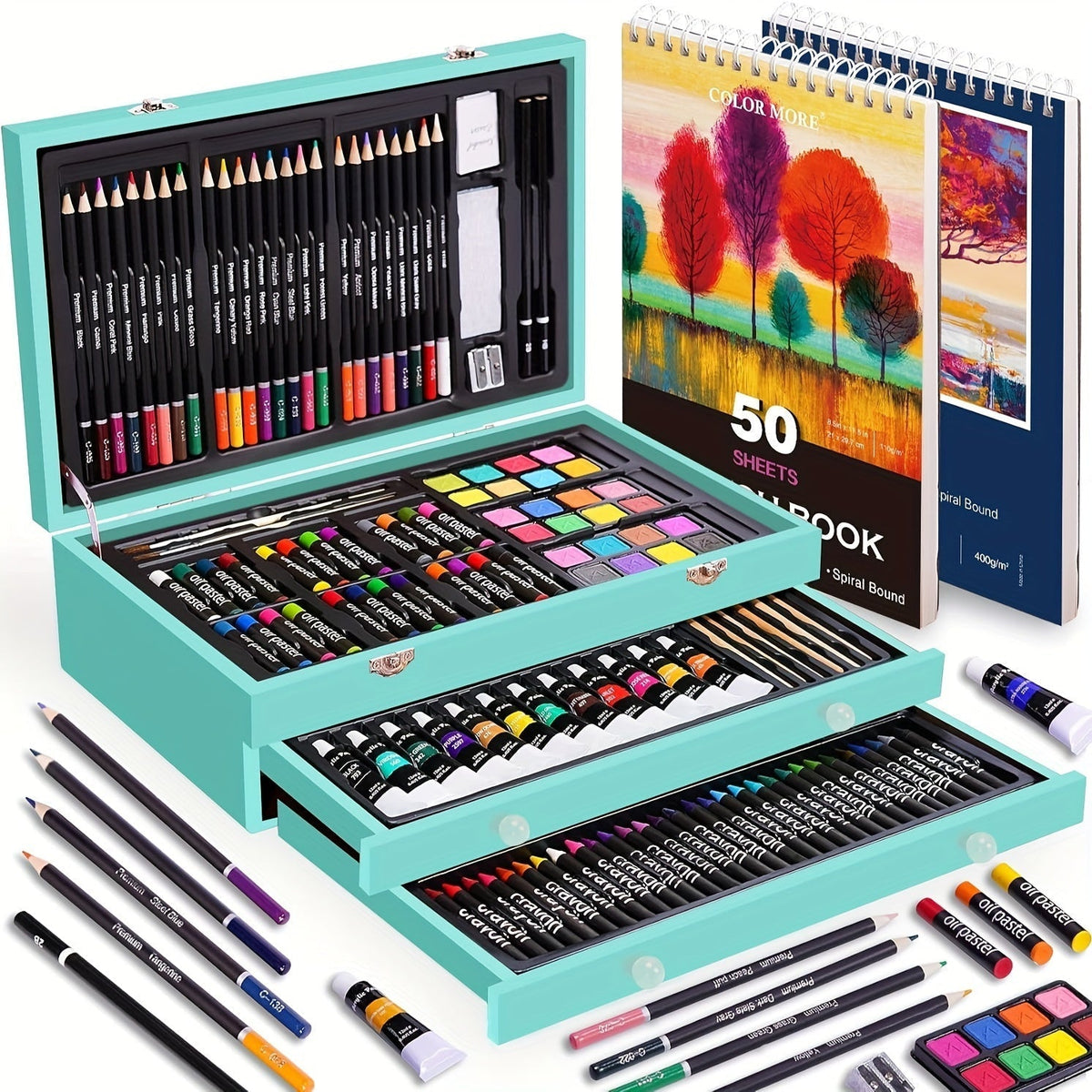 175-Piece Deluxe Art Set in Wooden Case – Professional Art Kit with 2 Drawing Pads, Crayons, Acrylic Paints & Colored Pencils, All-in-One Paint Supplies Gift for Kids & Adults, Cherry Pink Purple Blue Wood Brown