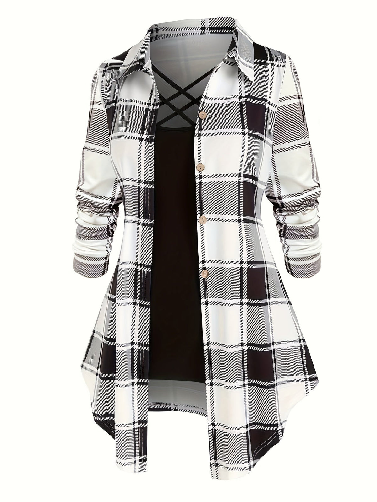 Women's Retro 2-Piece Set - High-Waist Plaid Long Sleeve Blouse & Body Strap | Vintage Button Lapel Collar Fall Spring Outfit Fashion