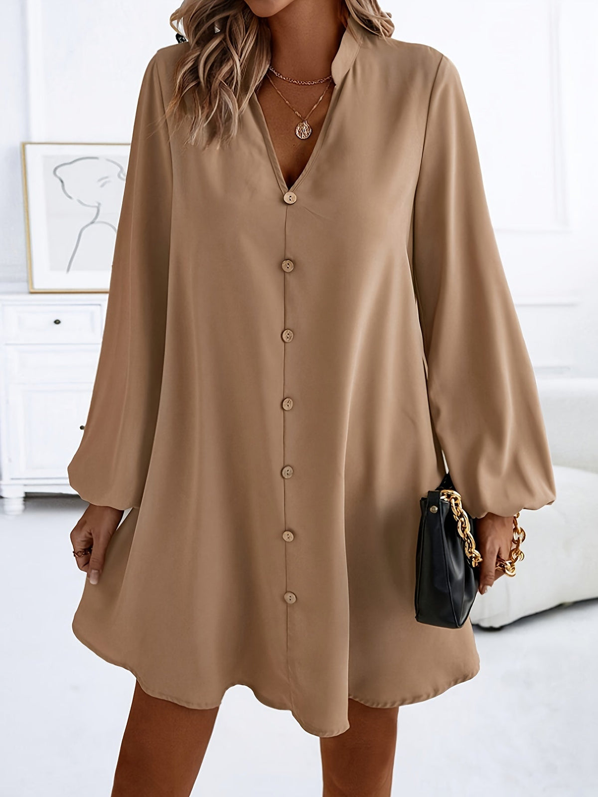 Women's V-Neck Long Sleeve A-Line Flared Dress Elegant Solid Color Single-Breasted Midi Dress for Spring Summer Party Casual