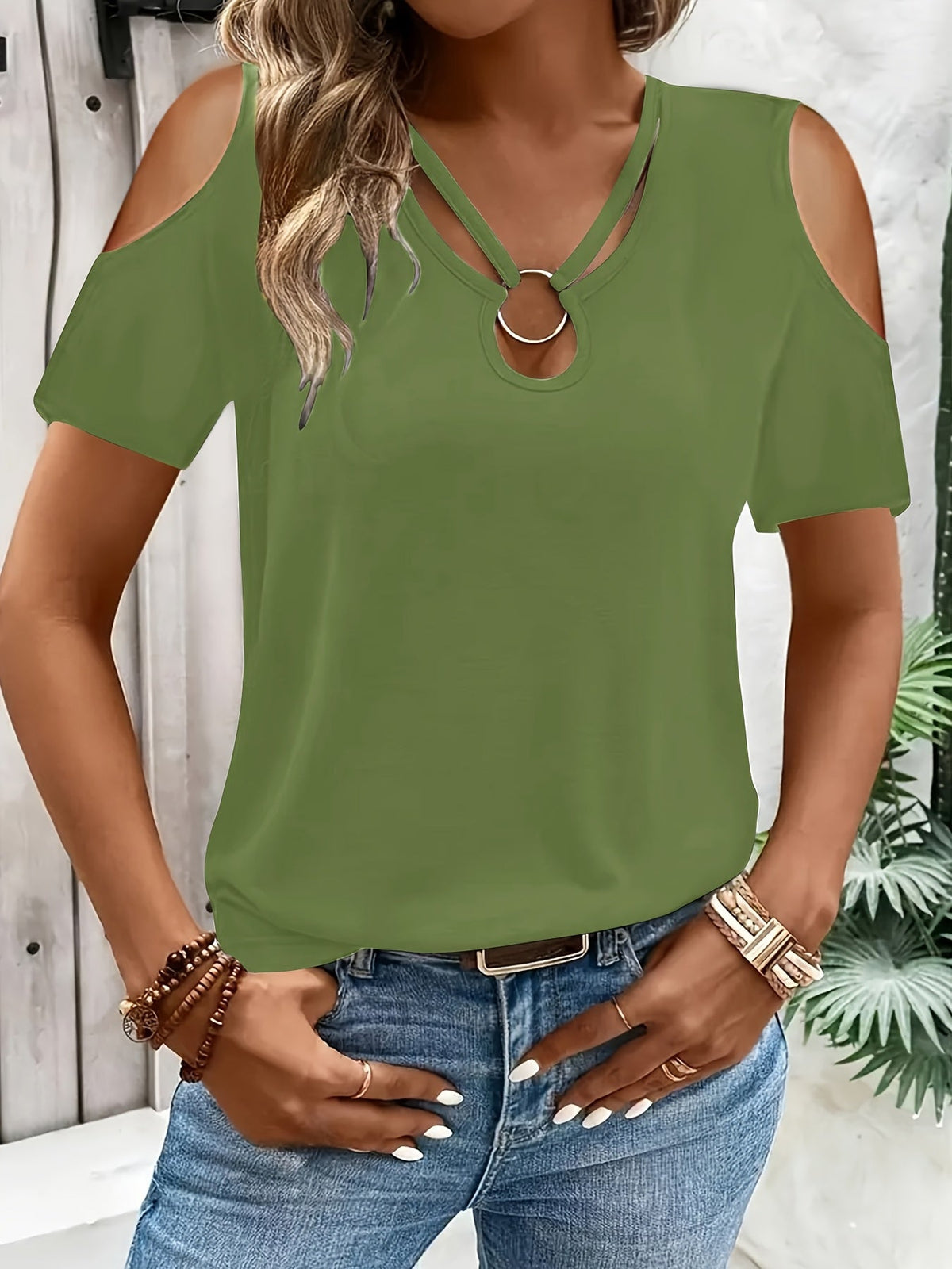 Women Off Shoulder Short Sleeve T-Shirt Solid Color Crew Neck Stretch Knit Spring Summer Casual Top Black White Burgundy Blue Olive Green Chocolate S M L XL XXL