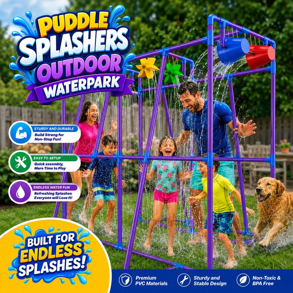 Backyard Waterpark Sprinkler Set for Kids & Family, 68"x37"x76" Outdoor Water Play Structure with 4 Dump Buckets & 2 Spinning Splash Wheels - Garden Hose Splash Pad, Summer Water Toy for Backyard Party