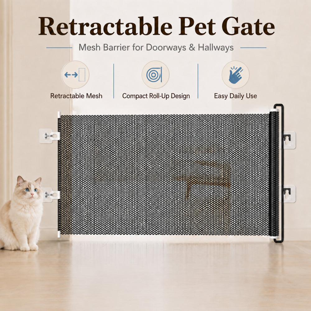 Retractable Pet Gate with Double Lock – Adjustable Mesh Safety Barrier for Doorways, Hallways & Stairs, Hardware Mounted Dog & Cat Gate, Black